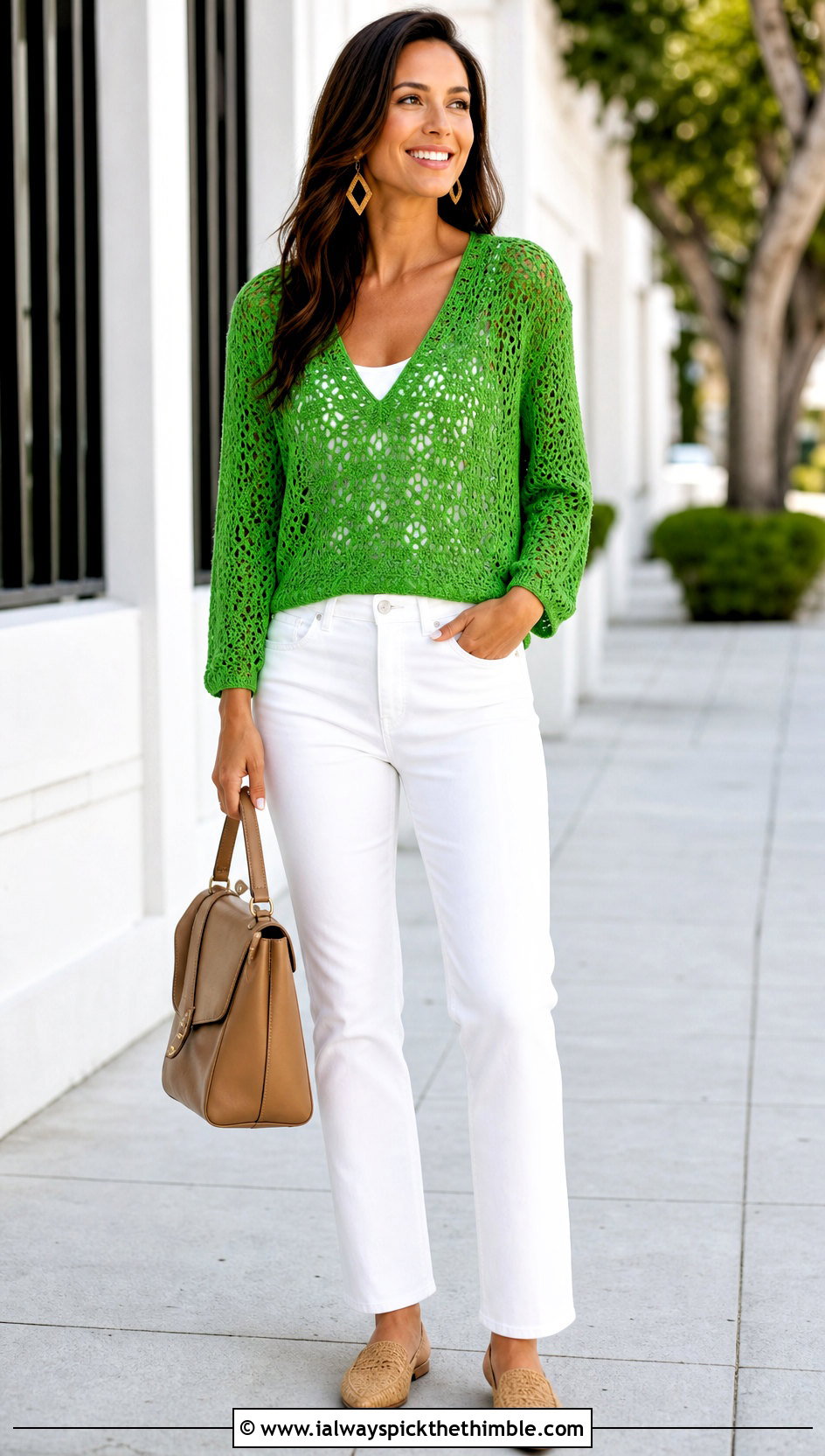 V Neck Crochet Pullover With White Jeans - 20 summer crochet sweaters outfit ideas