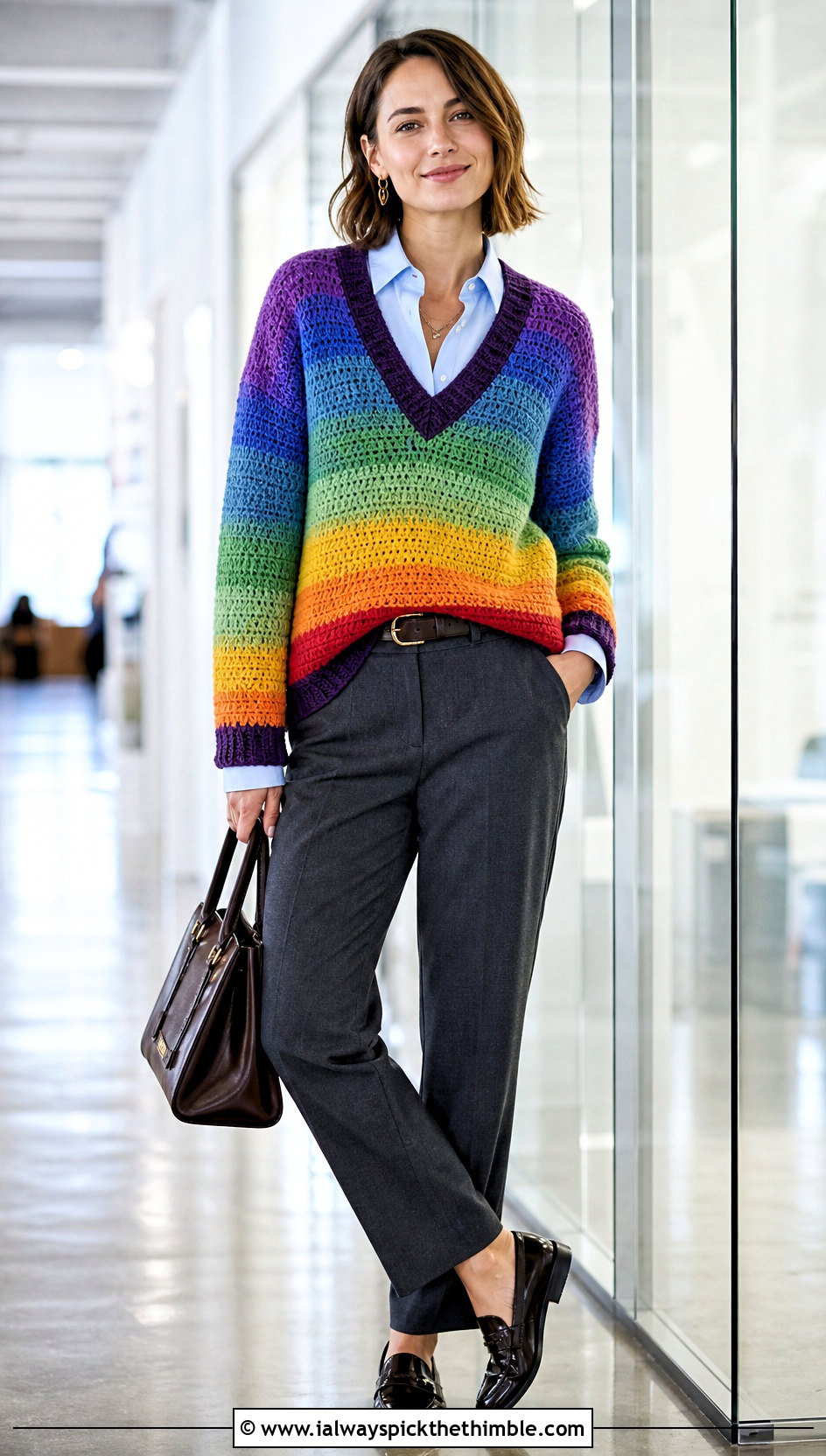 V Neck Crochet Rainbow Sweater With Button Down Shirt - 20 Crochet Rainbow Sweater outfit ideas
