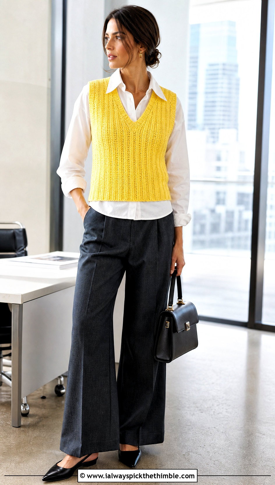 V Neck Crochet Ribbed Vest With Wide Leg Trousers - 20 crochet ribbed vest outfit ideas