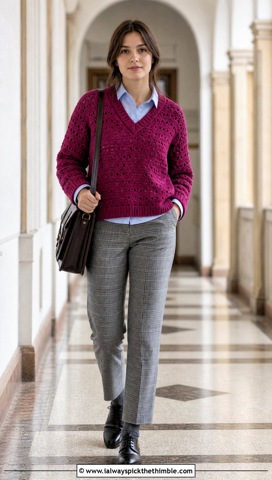V Neck Crochet Rory Gilmore Sweater With Plaid Trousers - 20 crochet rory gilmore sweater outfit ideas