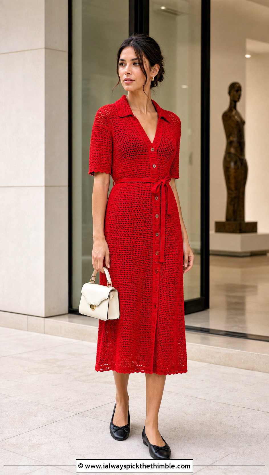 V Neck Crochet Shirt Dress With Ballet Flats - 20 v neck crochet dress outfit ideas