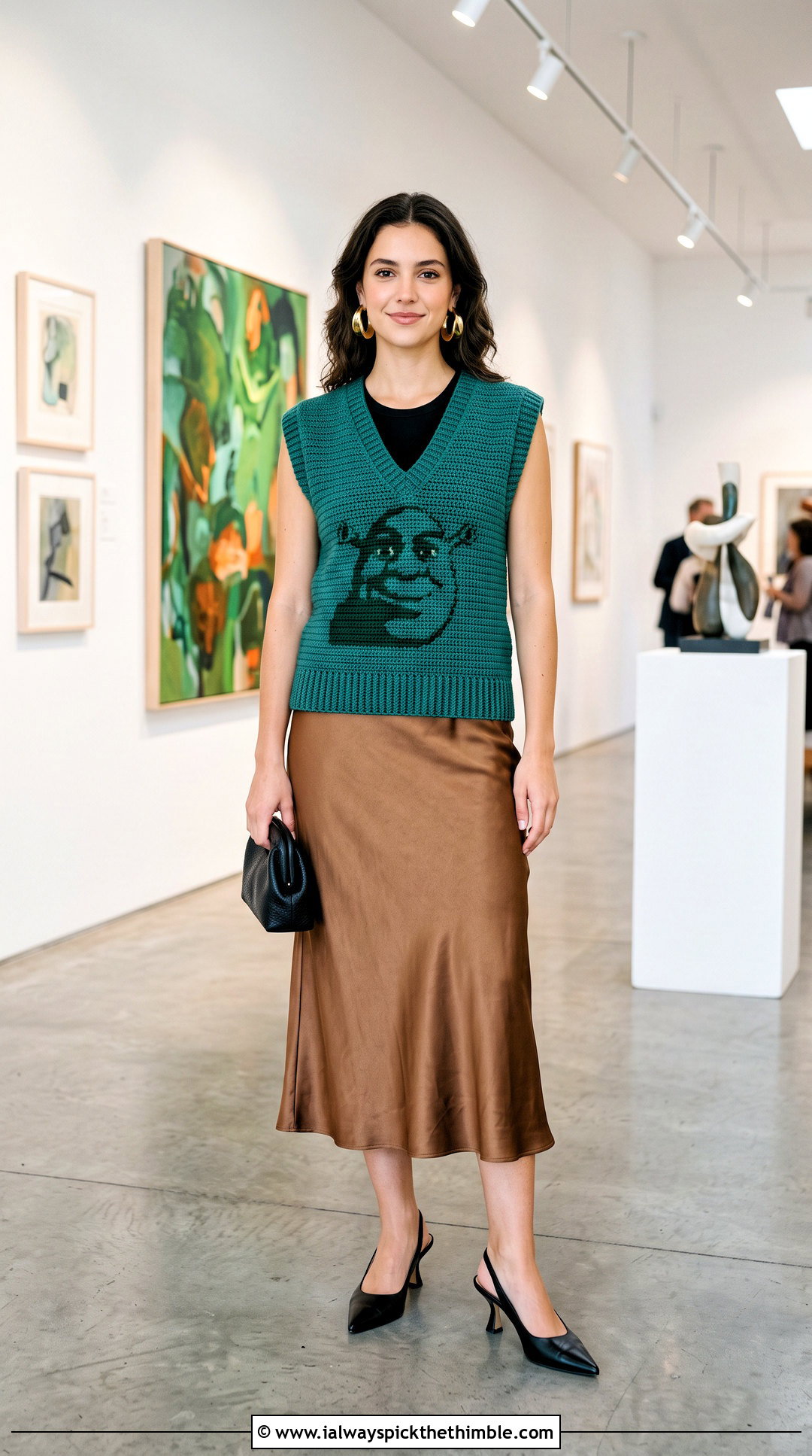 V Neck Crochet Shrek Sweater Vest With a Satin Midi Skirt - 15 Crochet Shrek Vest outfit ideas