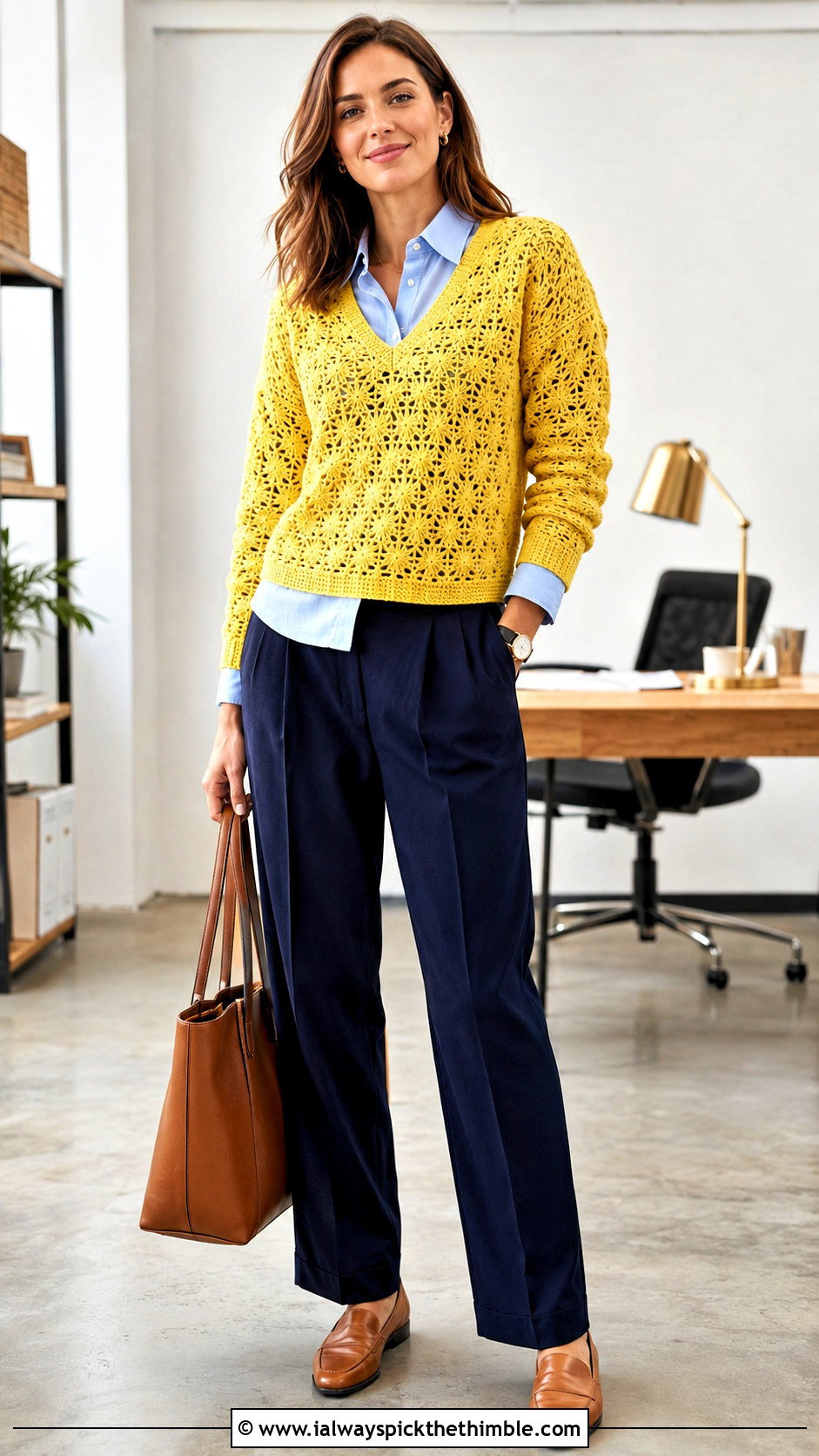 V Neck Crochet Star Sweater With Pleated Trousers - 25 crochet star sweater outfit ideas