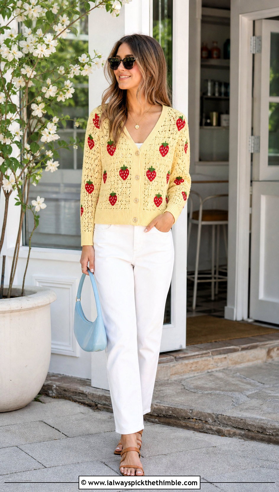 V Neck Crochet Strawberry Cardigan With White Jeans - 25 crochet strawberry cardigan outfit ideas