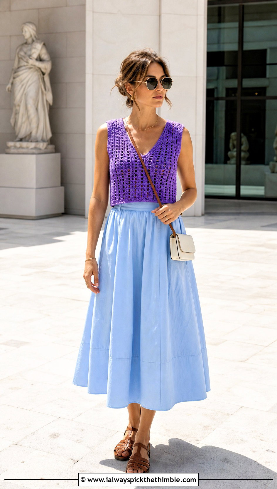 V Neck Crochet Summer Vest With Poplin Midi Skirt - 25 Crochet Summer Vest outfit ideas
