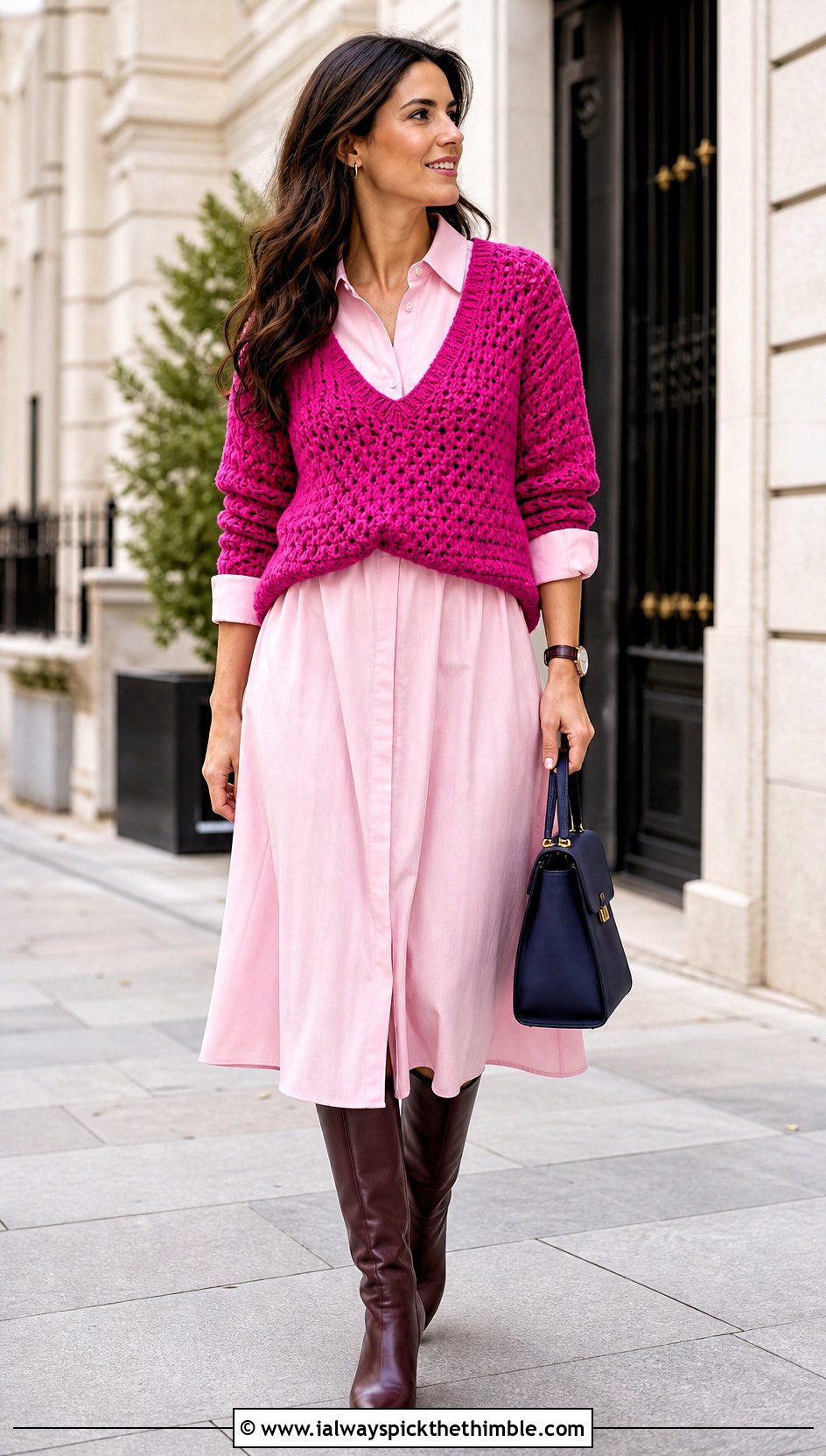 V Neck Crochet Sweater Over A Shirt Dress - 15 vibrant crochet sweater design outfit ideas
