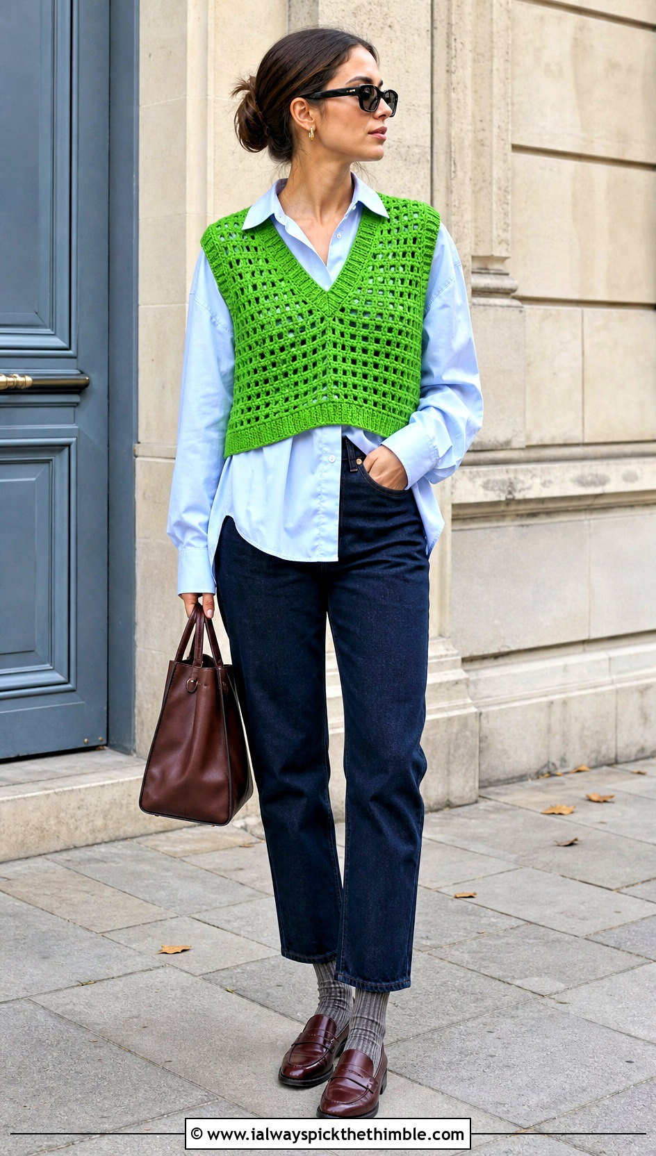 V Neck Crochet Sweater Vest With Button Down Shirt And Jeans - 25 v neck crochet top outfit ideas