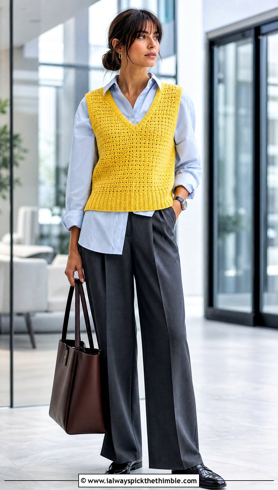V Neck Crochet Sweater Vest With Shirt And Trousers - 20 crochet vest outfit aesthetic outfit ideas