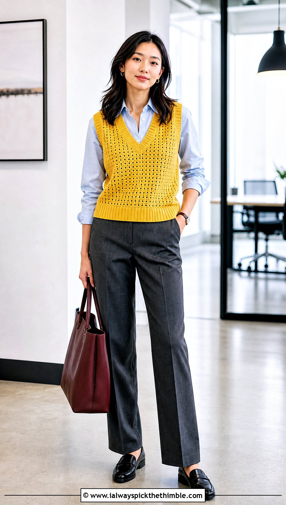 V Neck Crochet Sweater Vest With Tailored Trousers - 20 Crocheted Vests For Women outfit ideas