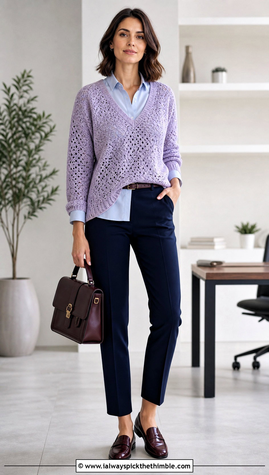 V Neck Crochet Sweater With A Button Down Shirt - 20 handmade crochet sweater outfit ideas