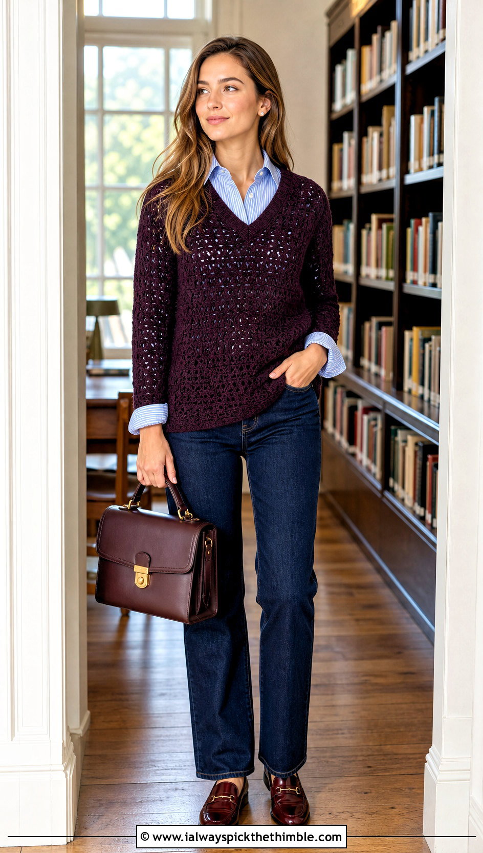 V Neck Crochet Sweater With Button Down Shirt - 20 crochet women sweater outfit ideas