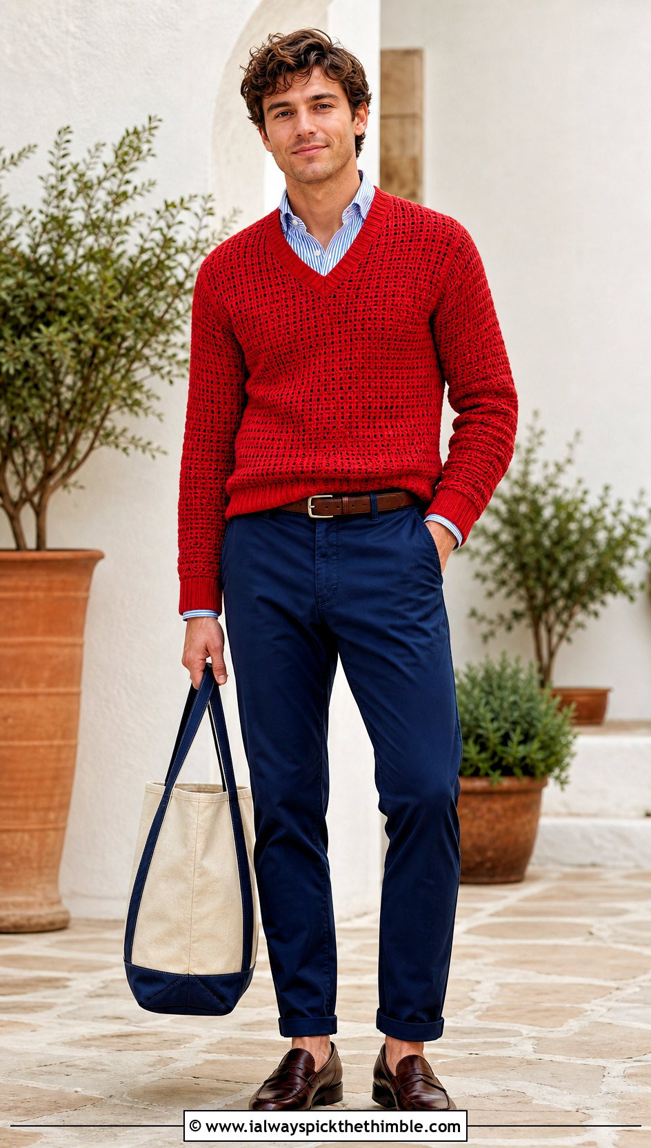 V Neck Crochet Sweater With Button Down Shirt - 20 Easy Crochet Mens Sweater outfit ideas