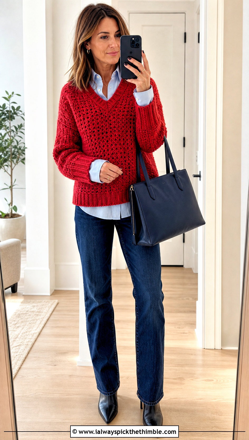 V Neck Crochet Sweater With Button Down Shirt And Jeans - 15 Crochet Comfy Sweater outfit ideas