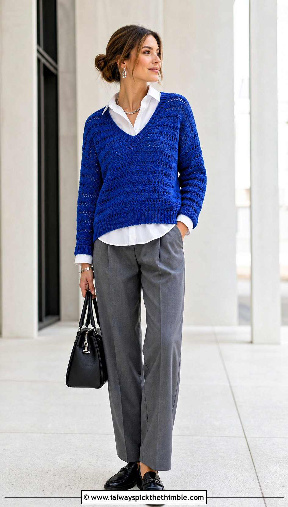 V Neck Crochet Sweater With Button Down Shirt And Pleated Pants - 15 Customizable Crochet Sweater Design outfit ideas
