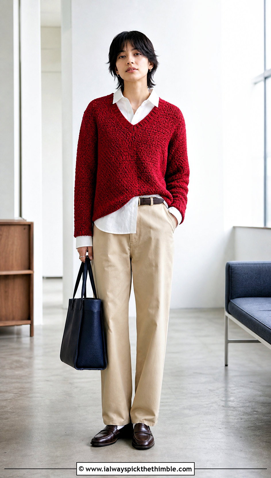 V Neck Crochet Sweater With Chinos - 20 unisex crochet sweater outfit ideas
