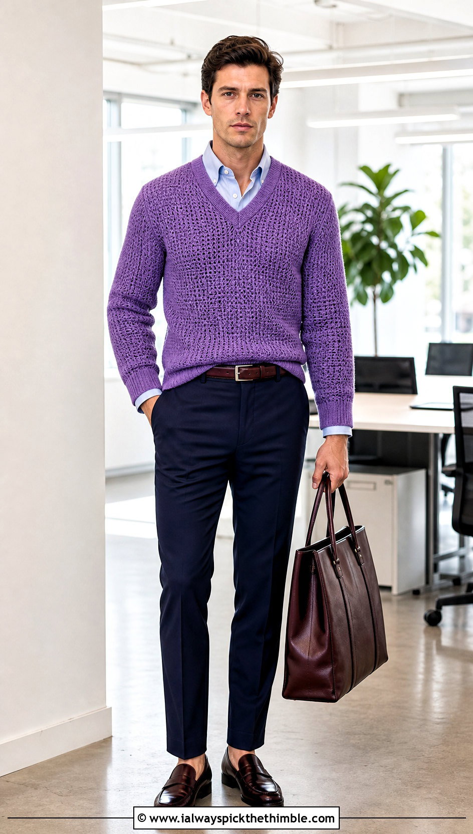V Neck Crochet Sweater With Oxford Shirt - 20 male crochet sweater outfit ideas