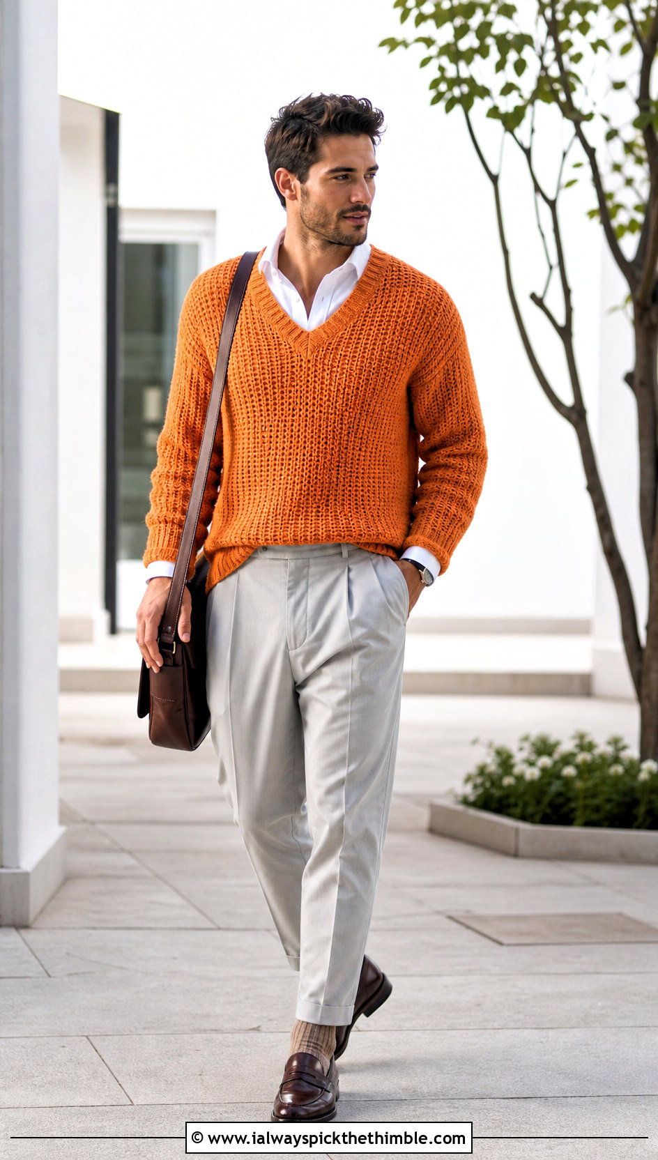 V Neck Crochet Sweater With Oxford Shirt - 20 man crochet sweater outfit ideas