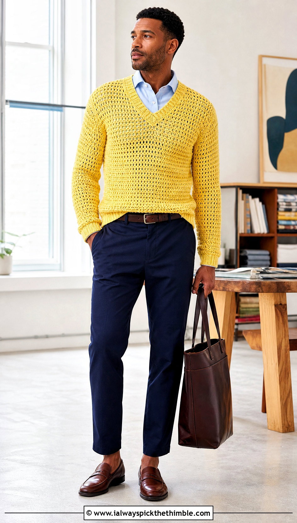 V Neck Crochet Sweater With Oxford Shirt - 20 men's crochet sweater outfit ideas