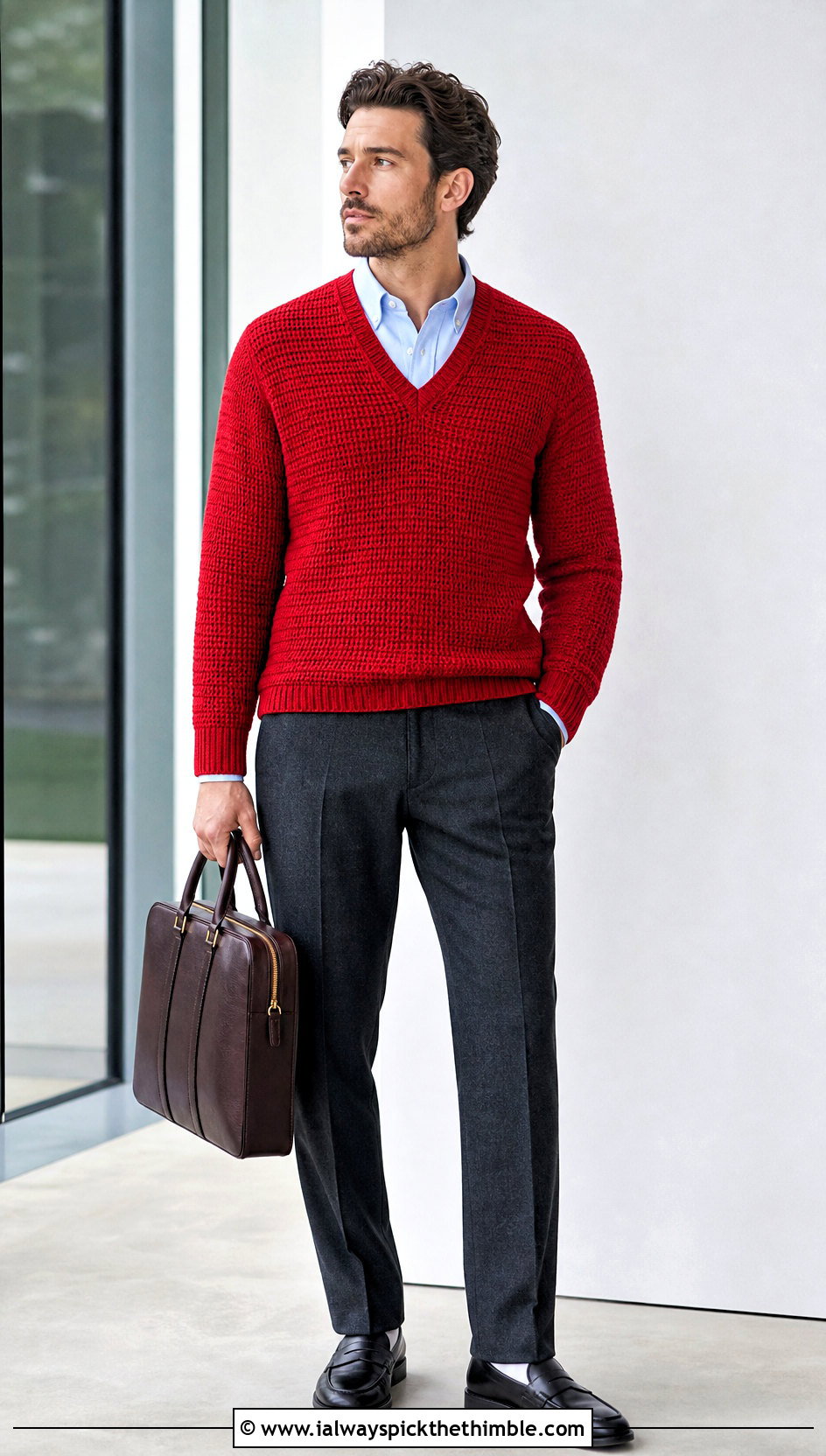 V Neck Crochet Sweater With Oxford Shirt - 25 crochet sweater for men outfit ideas