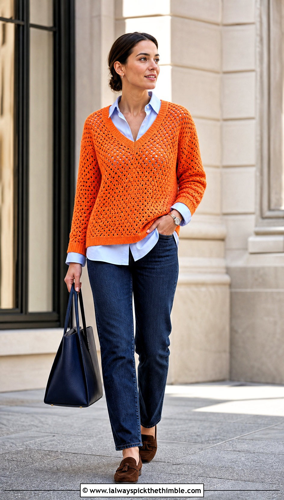 V Neck Crochet Sweater With Oxford Shirt And Jeans - 25 colorful crochet sweater outfit ideas