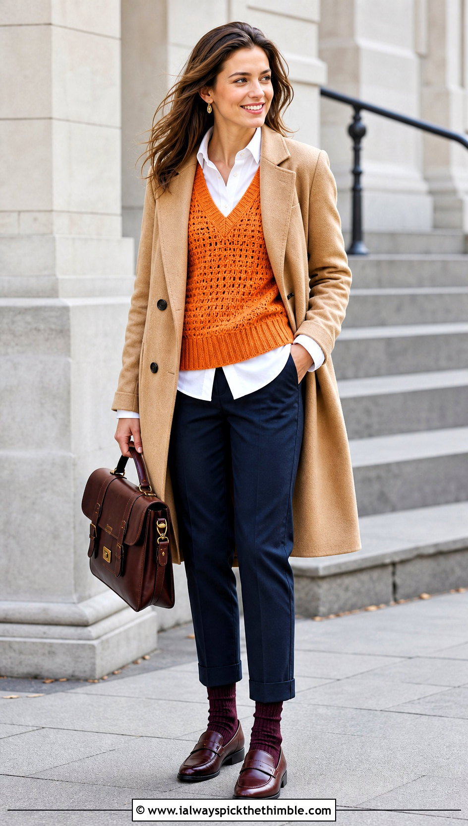 V Neck Crochet Sweater With Oxford Shirt And Loafers - 20 winter crochet sweater outfit ideas