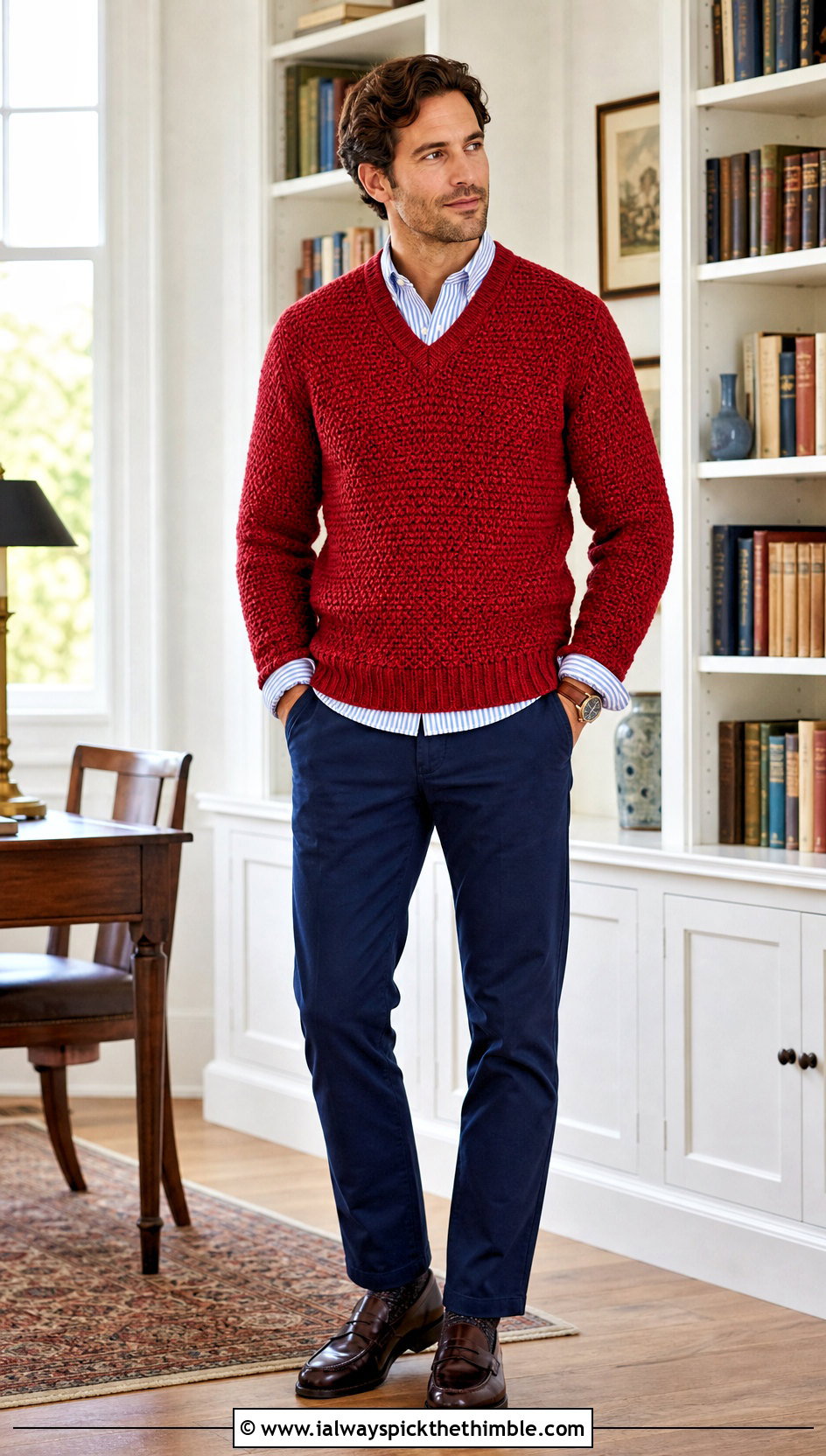 V Neck Crochet Sweater With Oxford Shirt - 20 crochet sweater for man outfit ideas
