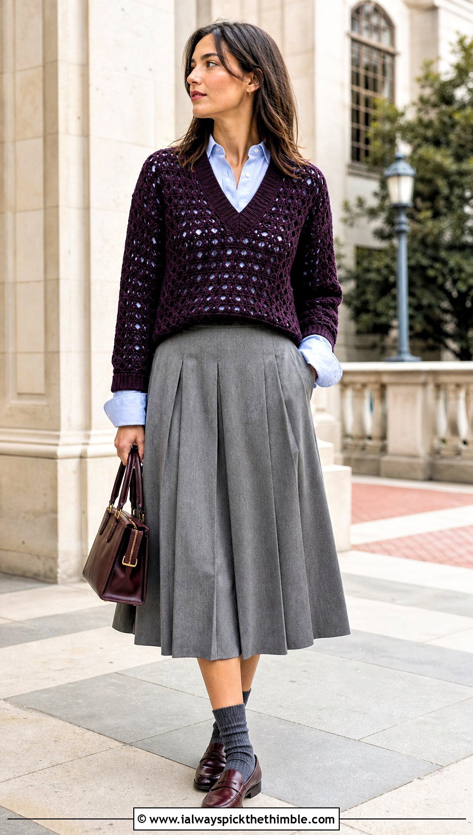V Neck Crochet Sweater With Pleated Midi Skirt - 25 crochet sweater ideas