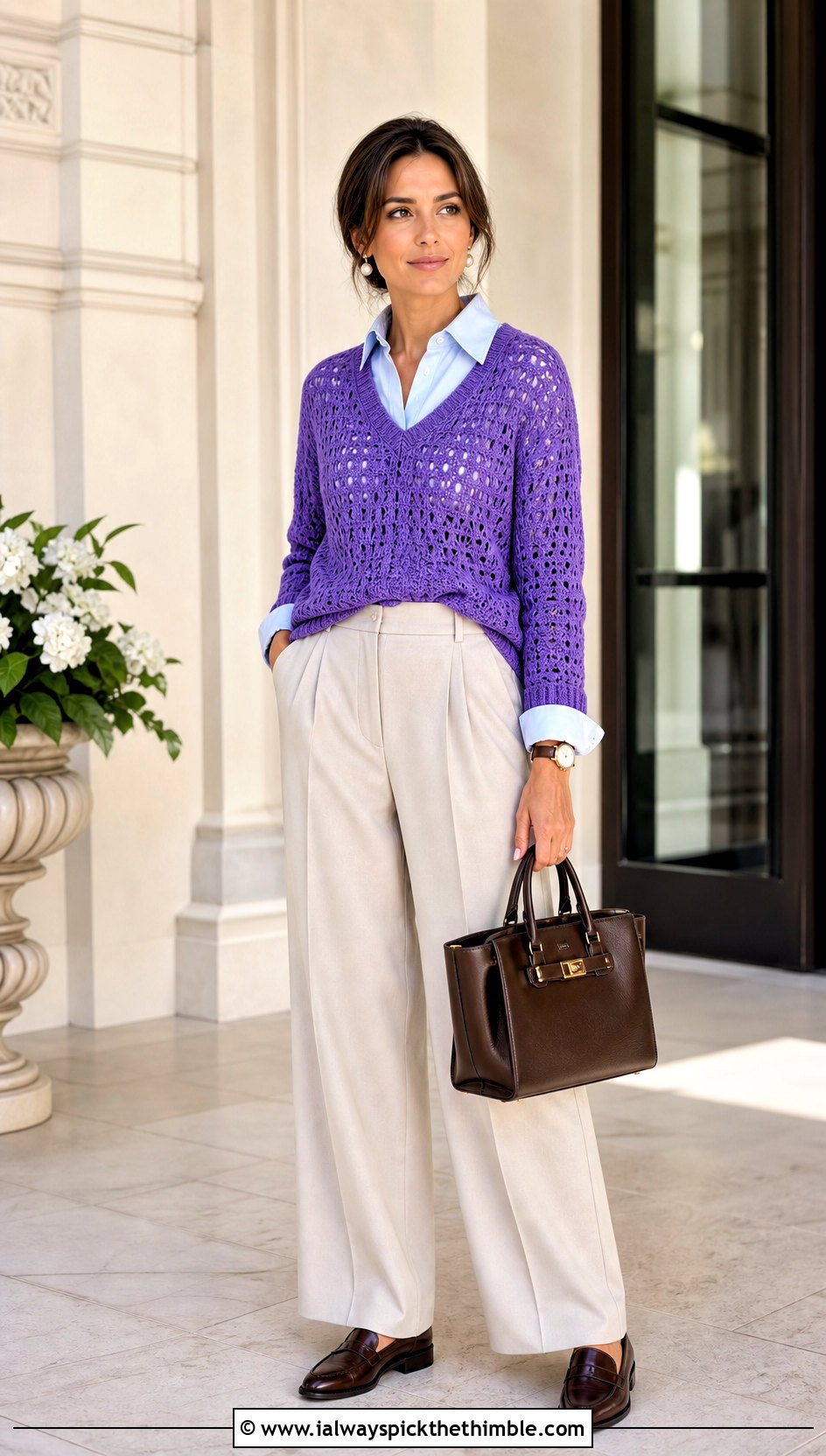 V Neck Crochet Sweater With Pleated Trousers - 20 Crochet For Sweaters For Women outfit ideas