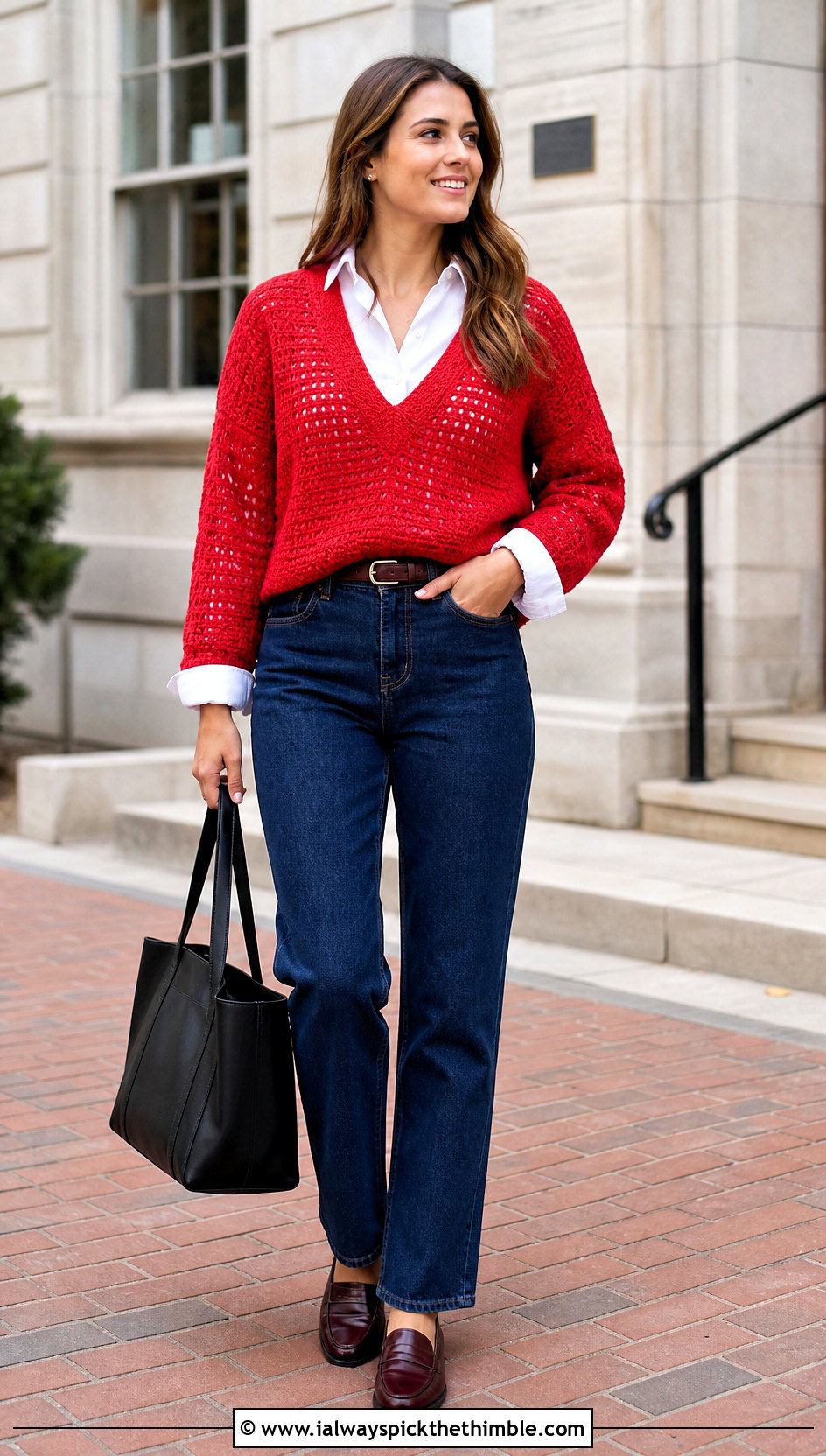 V Neck Crochet Sweater With Poplin Shirt And Jeans - 25 diy crochet sweater outfit ideas