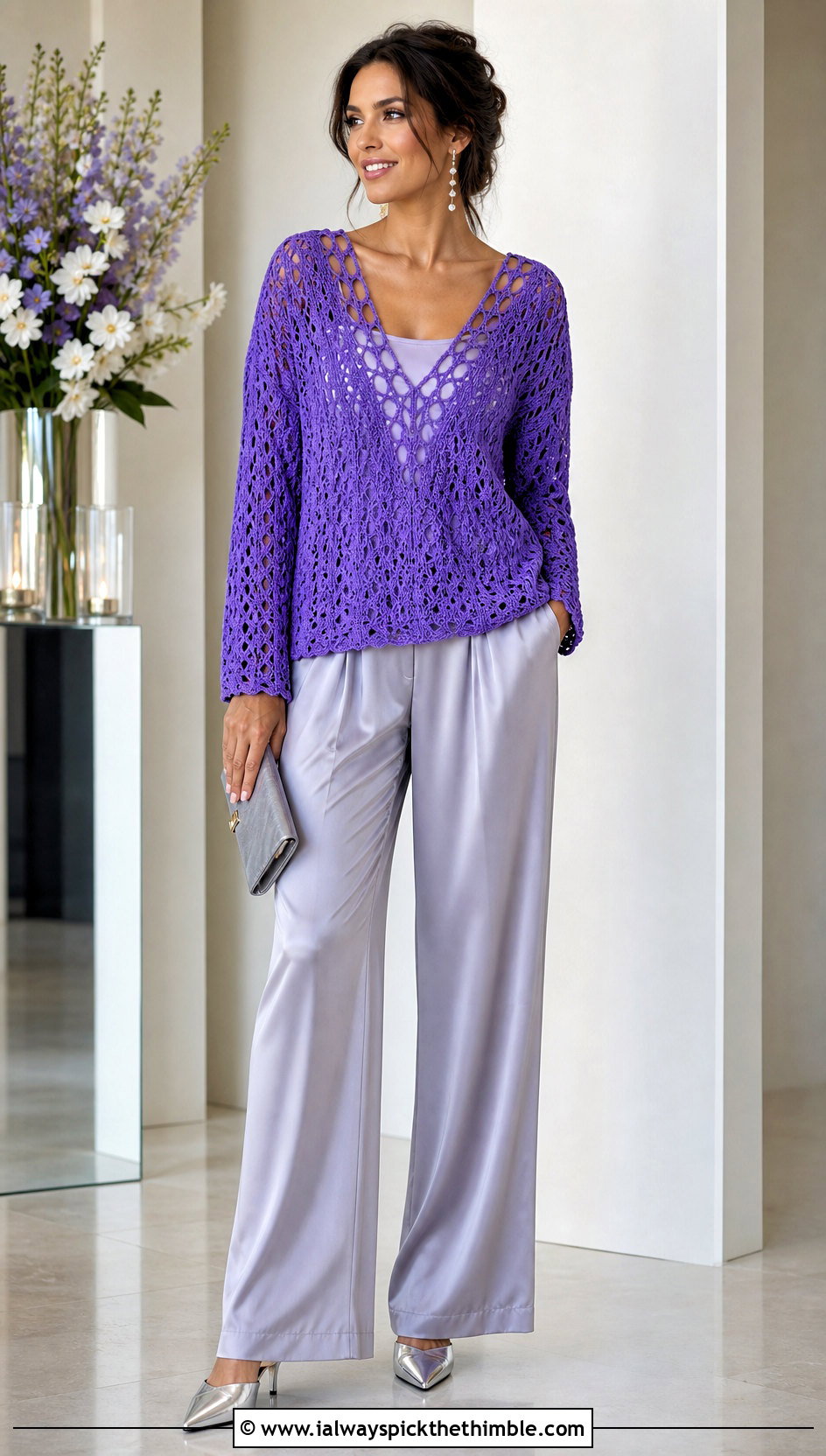 V Neck Crochet Sweater With Satin Pants - 25 crochet sweaters outfit ideas