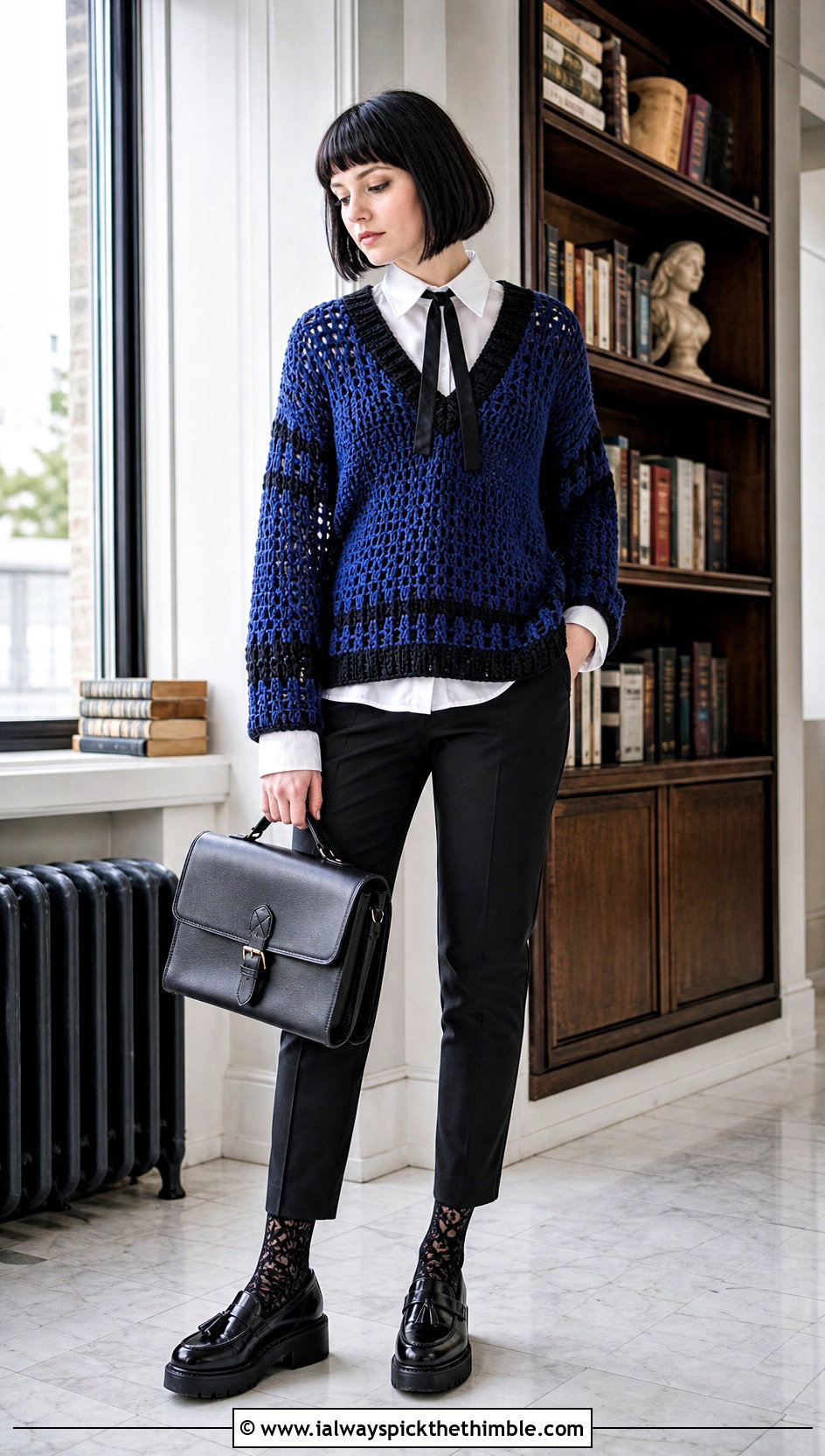 V Neck Crochet Sweater With White Button Down Shirt - 20 goth crochet sweater outfit ideas