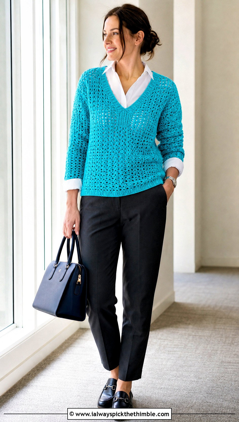V Neck Crochet Sweater With White Button Down Shirt - 20 unique crochet sweater outfit ideas