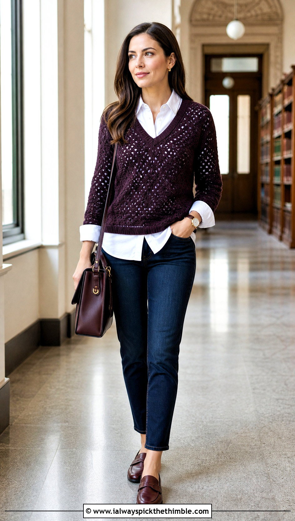 V Neck Crochet Sweater With White Button Down Shirt - 20 Fire Crochet Sweater outfit ideas