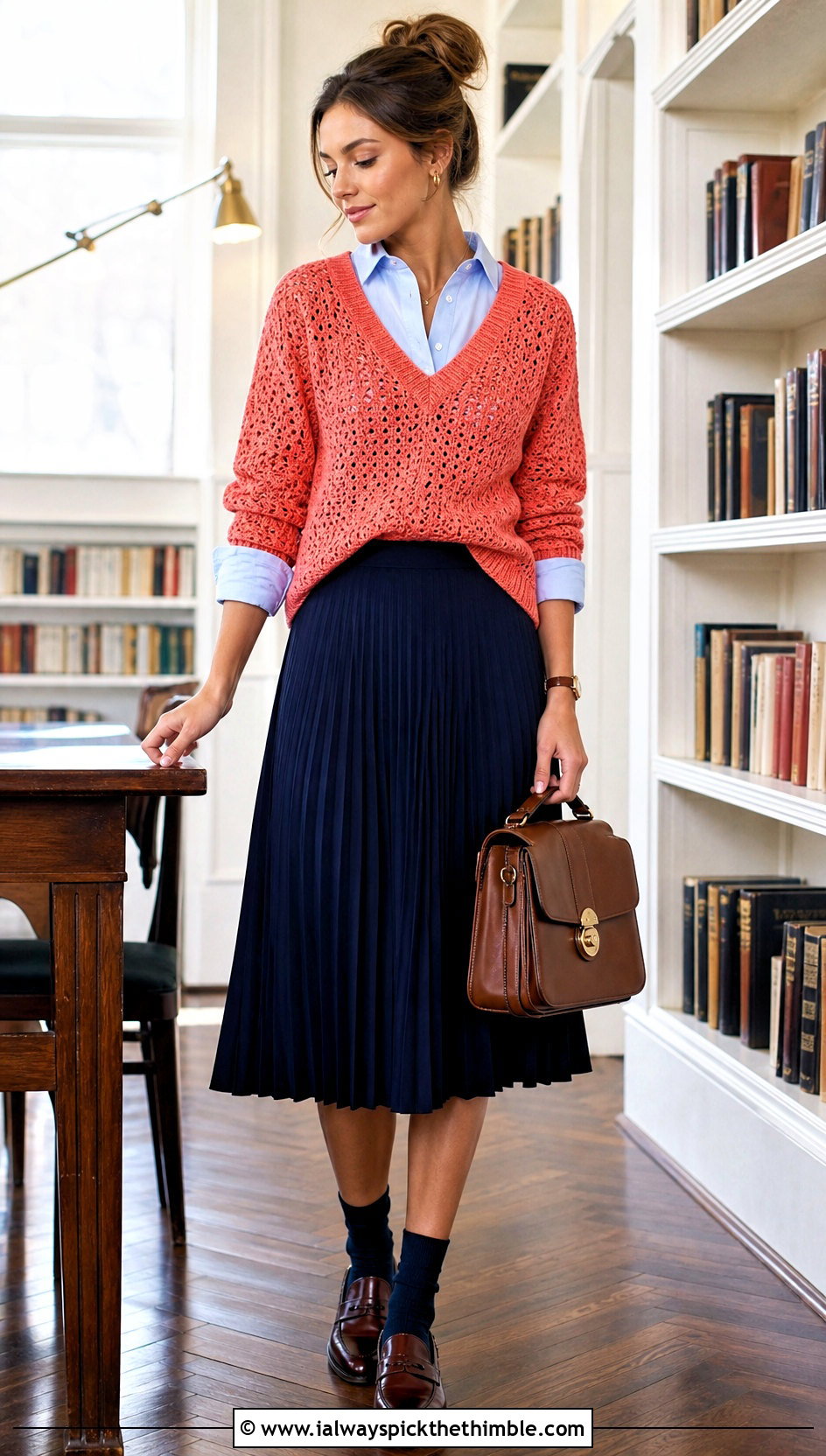 V Neck Crochet Sweater With a Button Down Shirt - 20 Funky Crochet Sweater outfit ideas