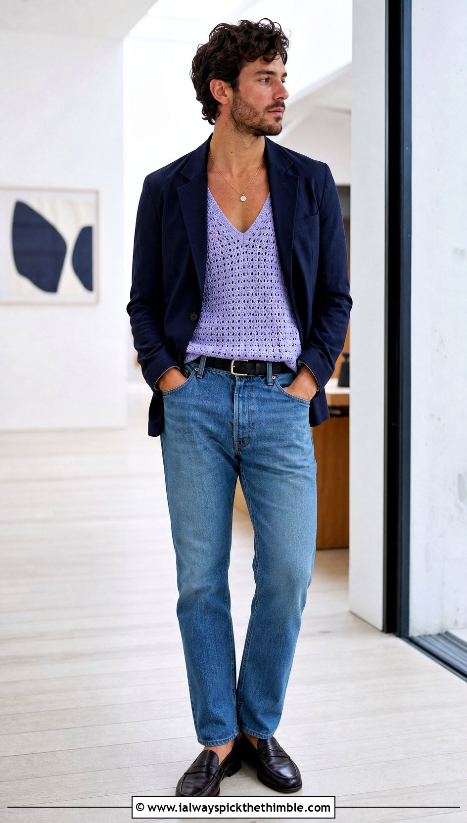 V Neck Crochet Tank Top With Blazer And Jeans - 20 Mens Crochet Tank Top outfit ideas