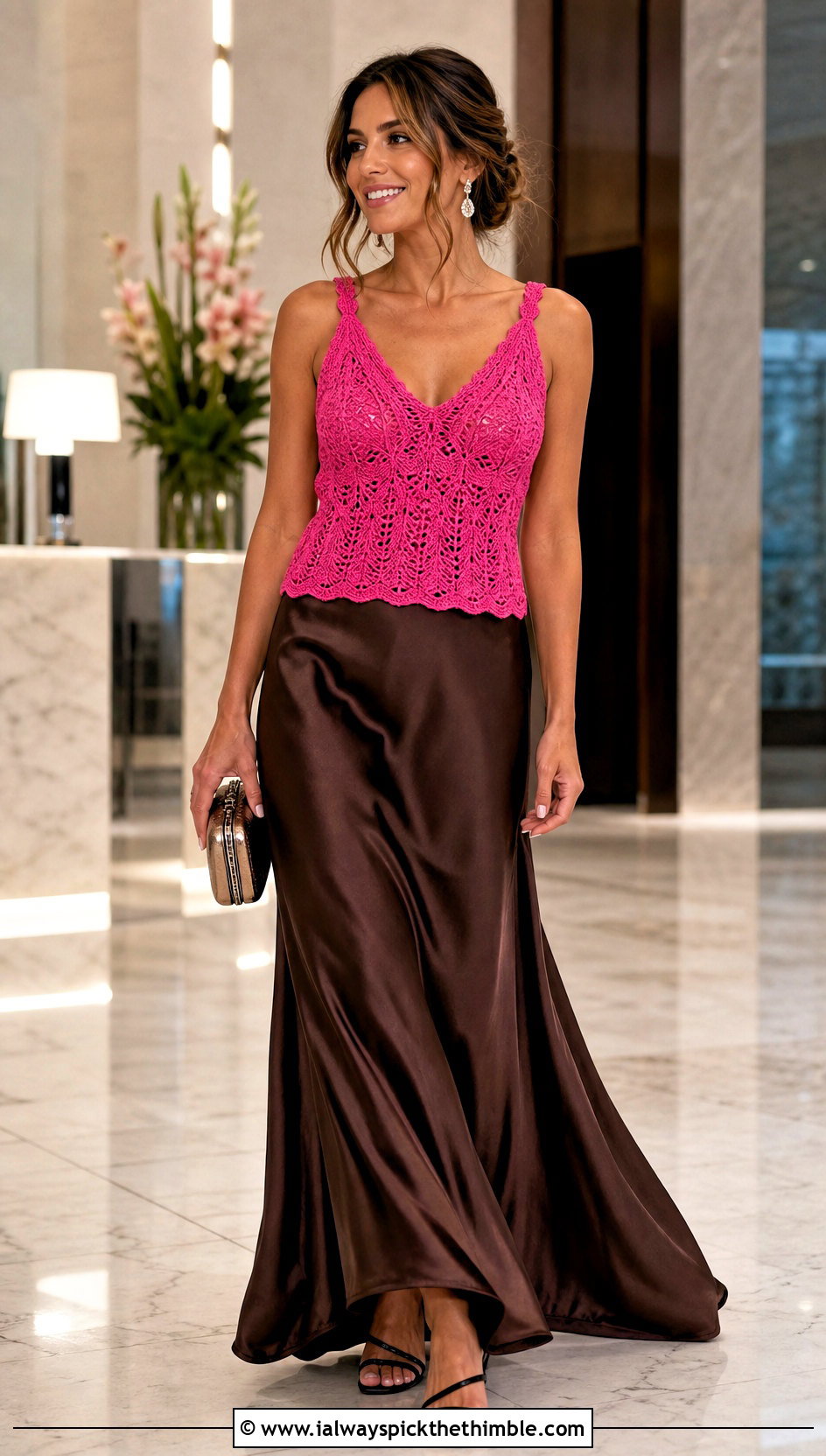 V Neck Crochet Tank Top With Satin Maxi Skirt - 20 Crochet Womens Tank Top outfit ideas