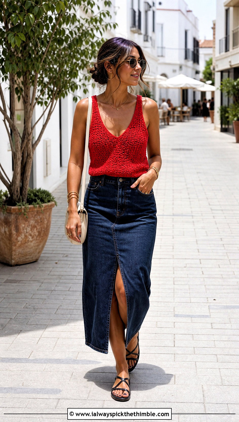 V Neck Crochet Tank With Denim Midi Skirt - 25 crochet tank outfit ideas