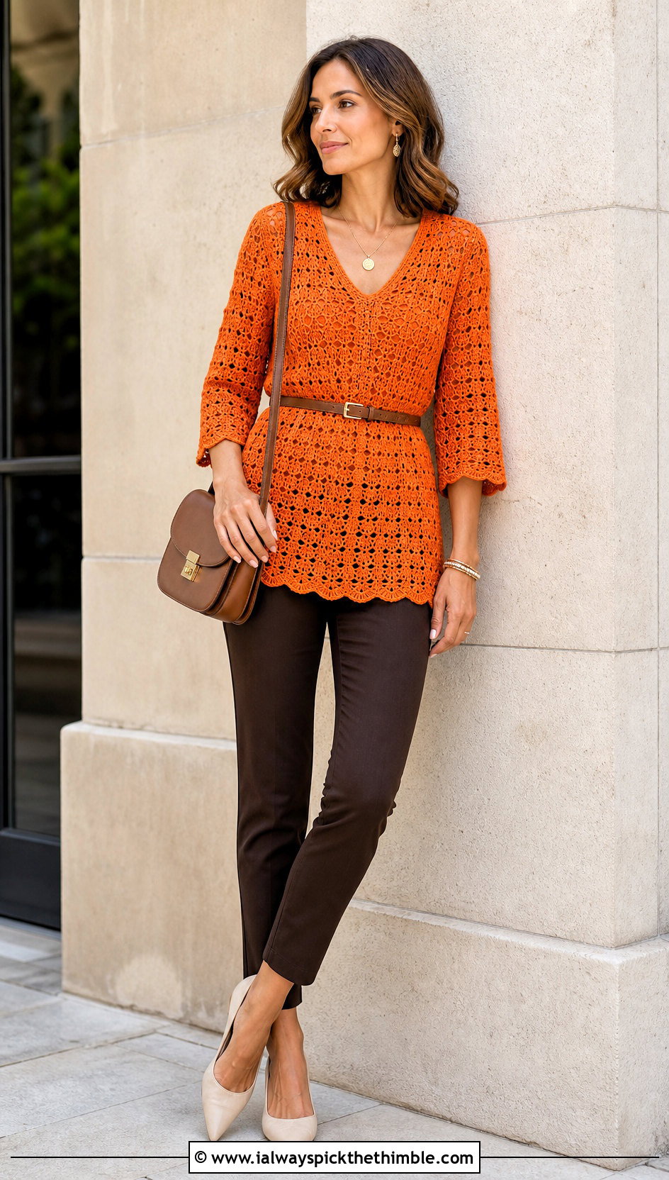 V Neck Crochet Tunic Top With Slim Ankle Pants - 25 v neck crochet top outfit ideas