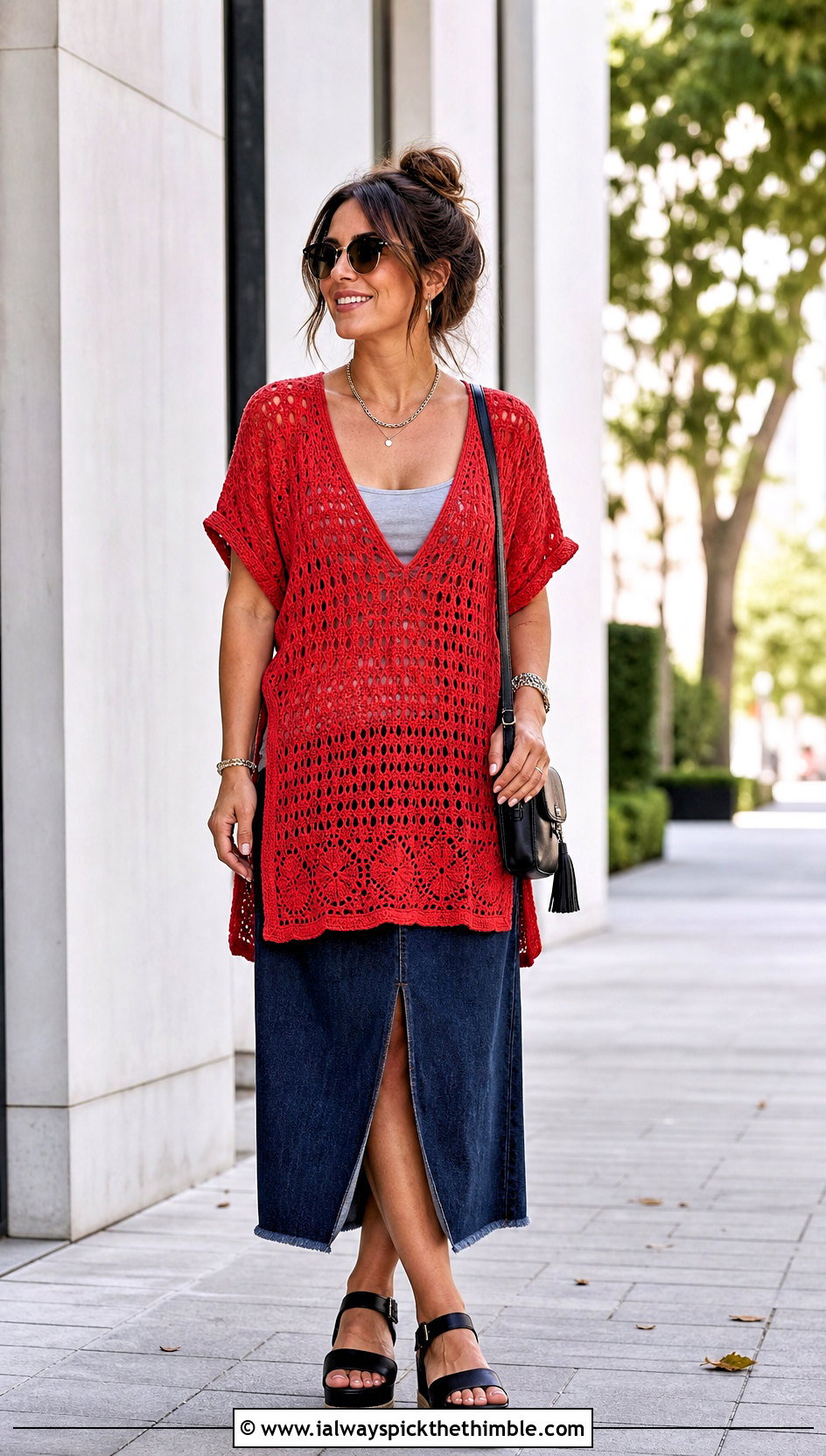 V Neck Crochet Tunic With Denim Midi Skirt - 25 crochet tunic outfit ideas