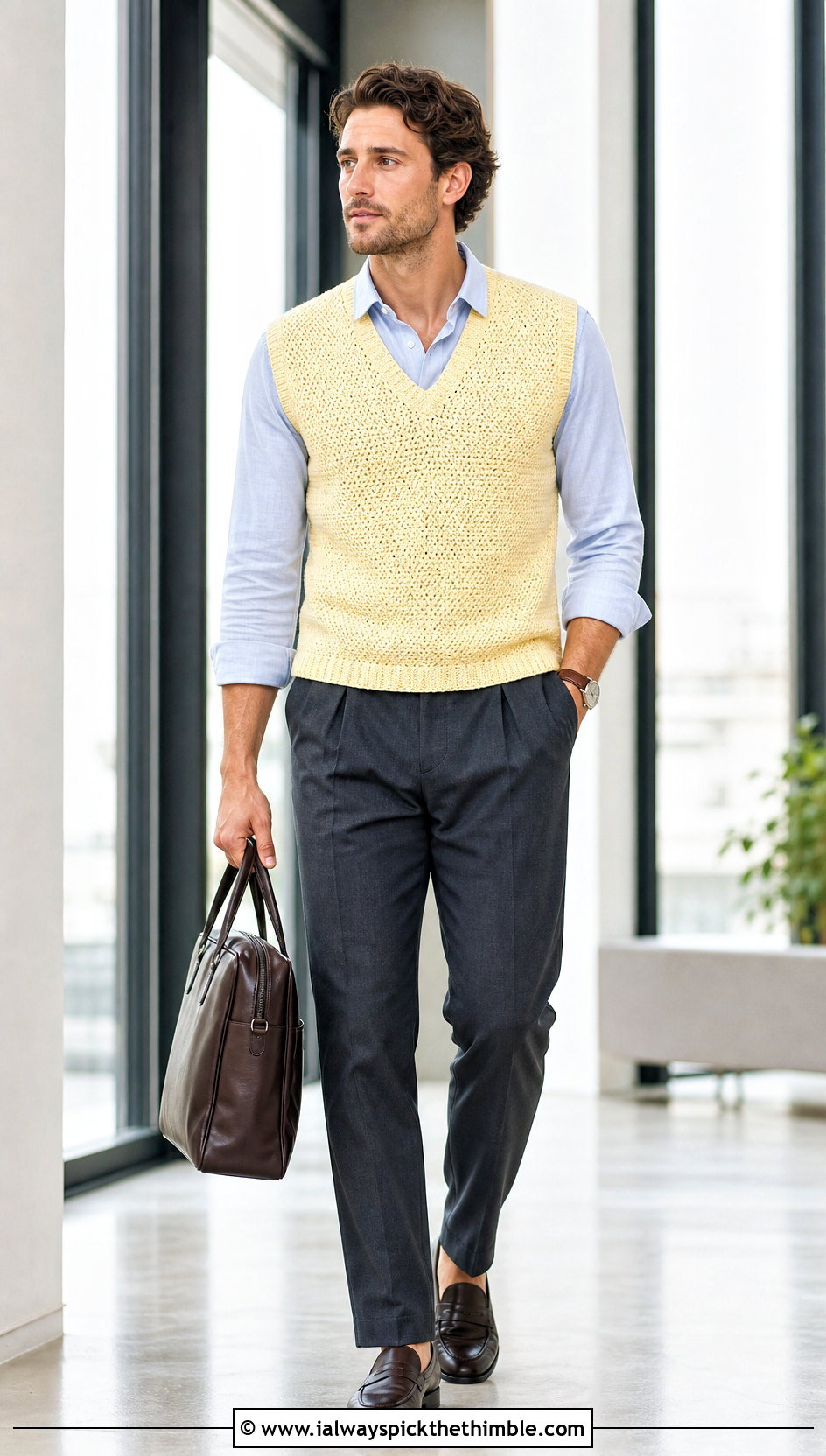V Neck Crochet Vest With Oxford Shirt And Trousers - 20 mens crochet vest outfit ideas