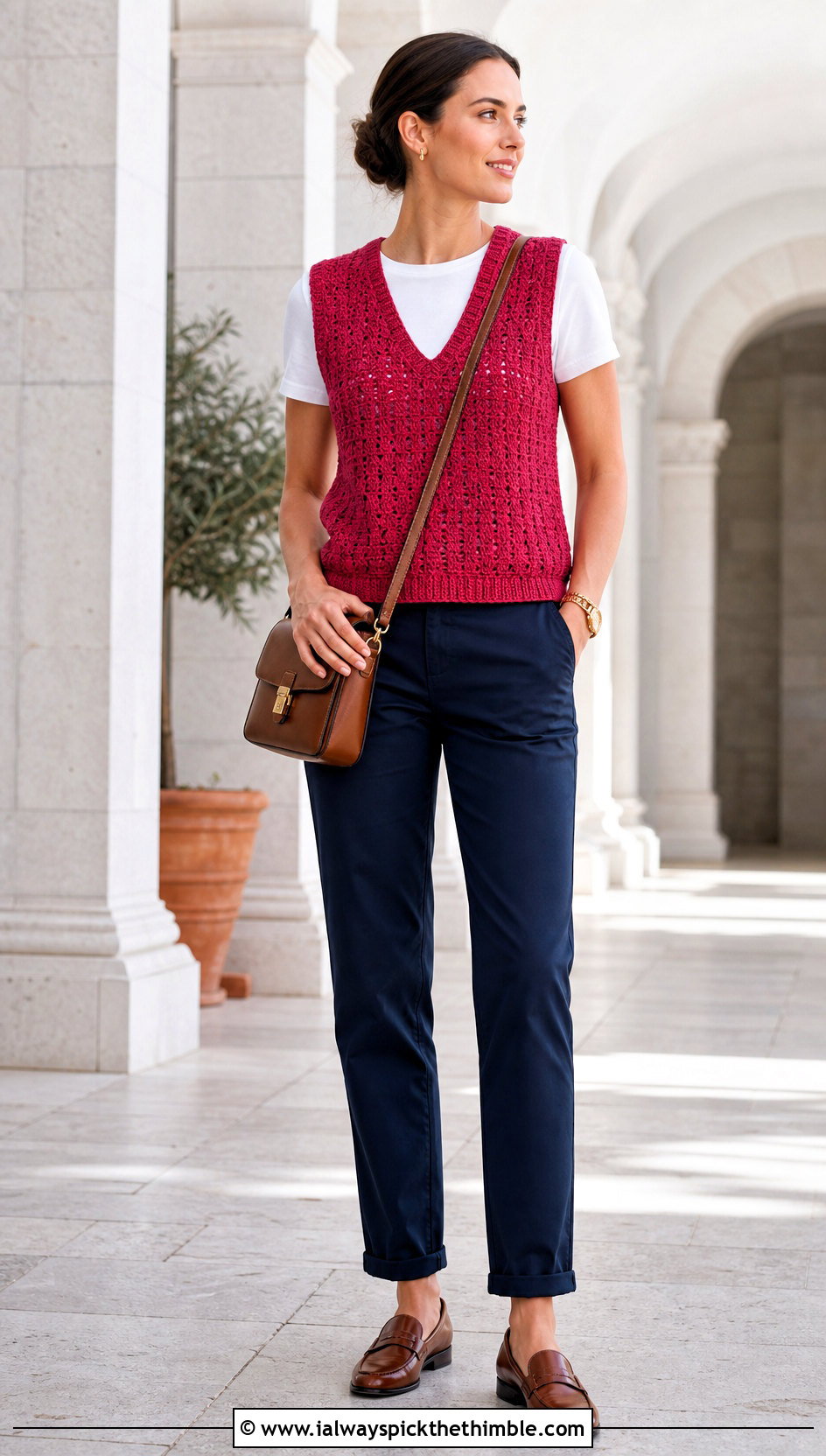 V Neck Crochet Vest With T Shirt And Chinos - 20 easy crochet summer tops for beginners outfit ideas