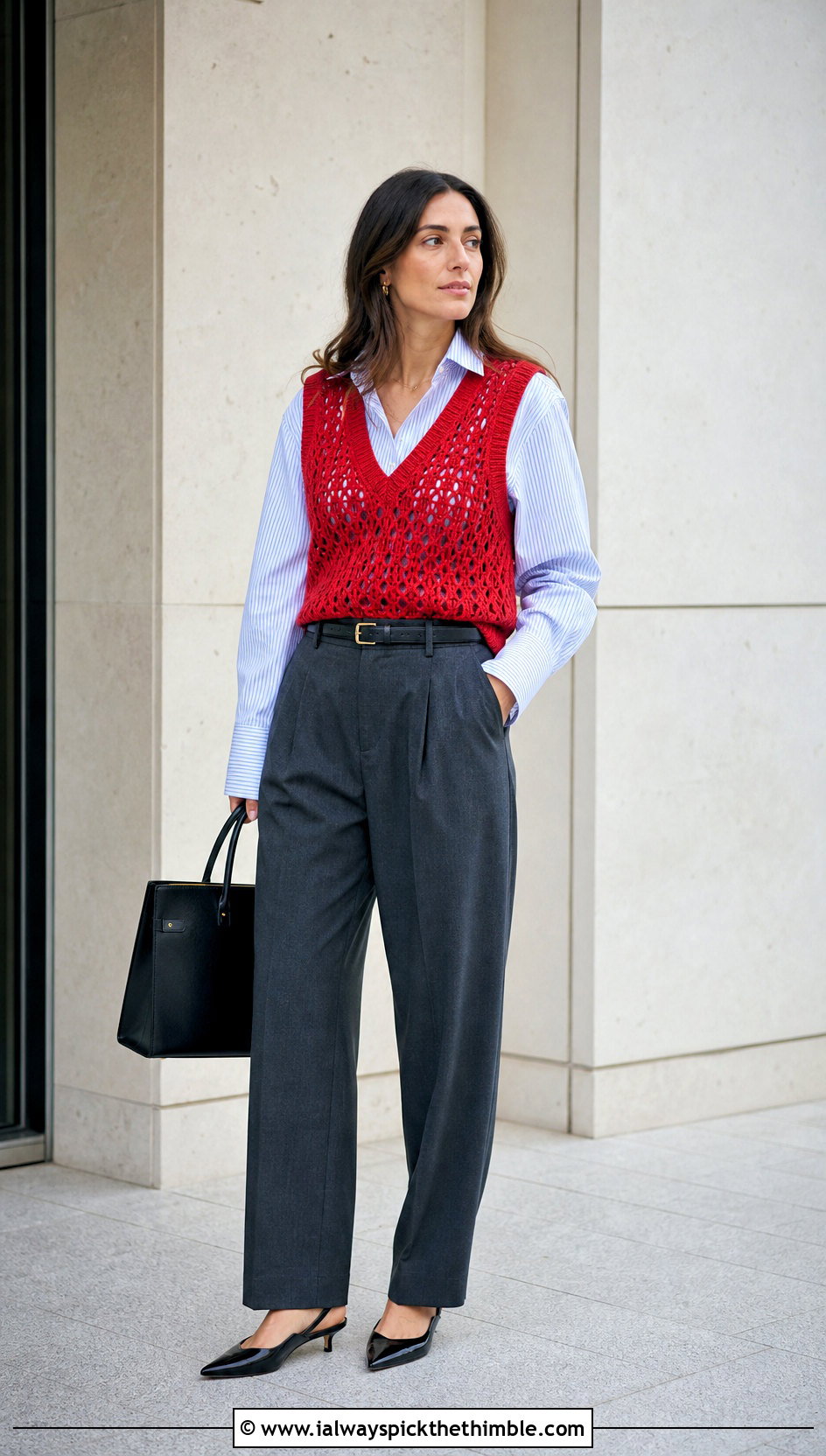 V Neck Crochet Vest With Tailored Trousers - 15 Crochet Fall Vest outfit ideas