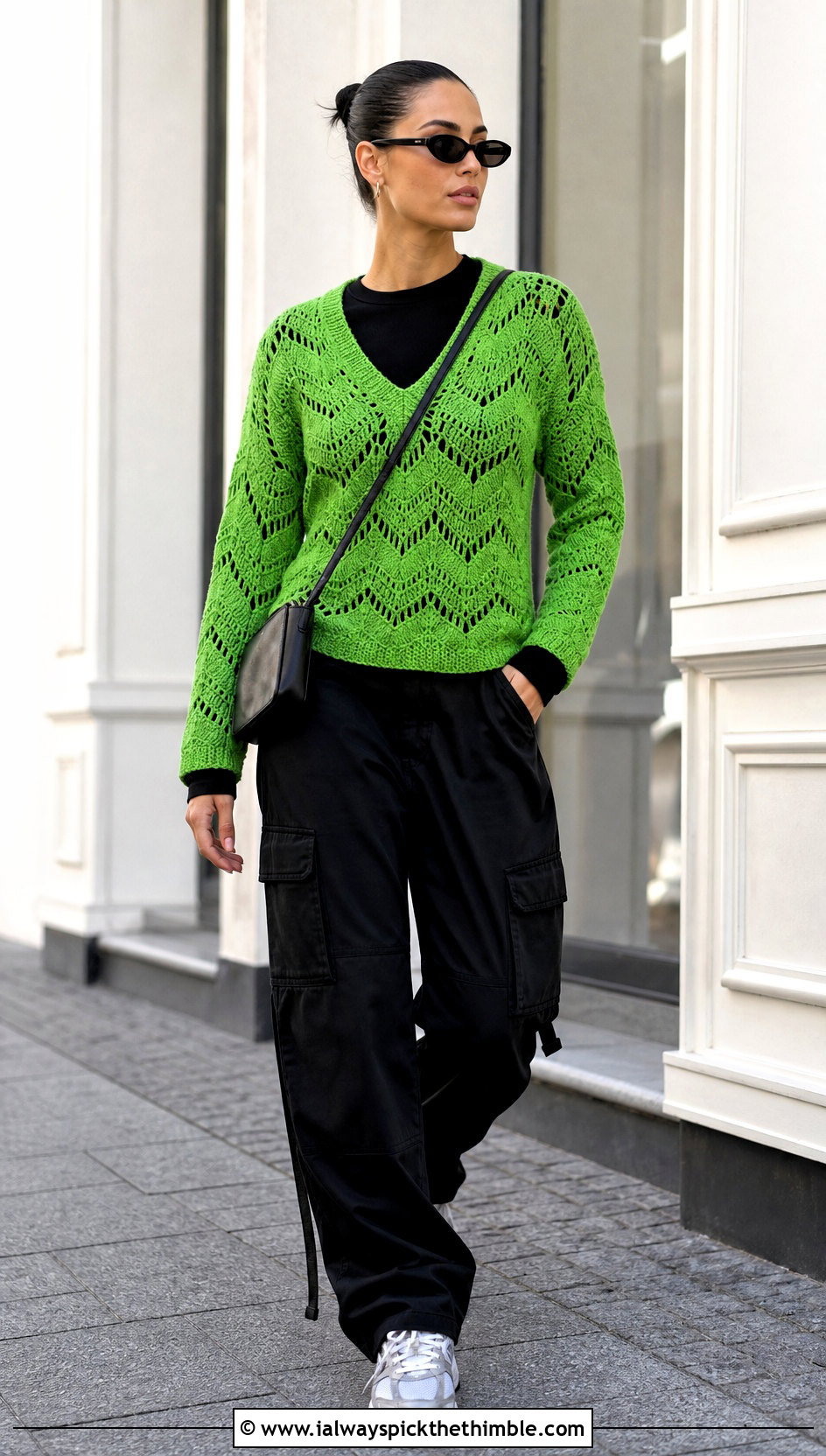 V Neck Crochet Wave Sweater With Cargo Pants - 20 crochet wave sweater outfit ideas