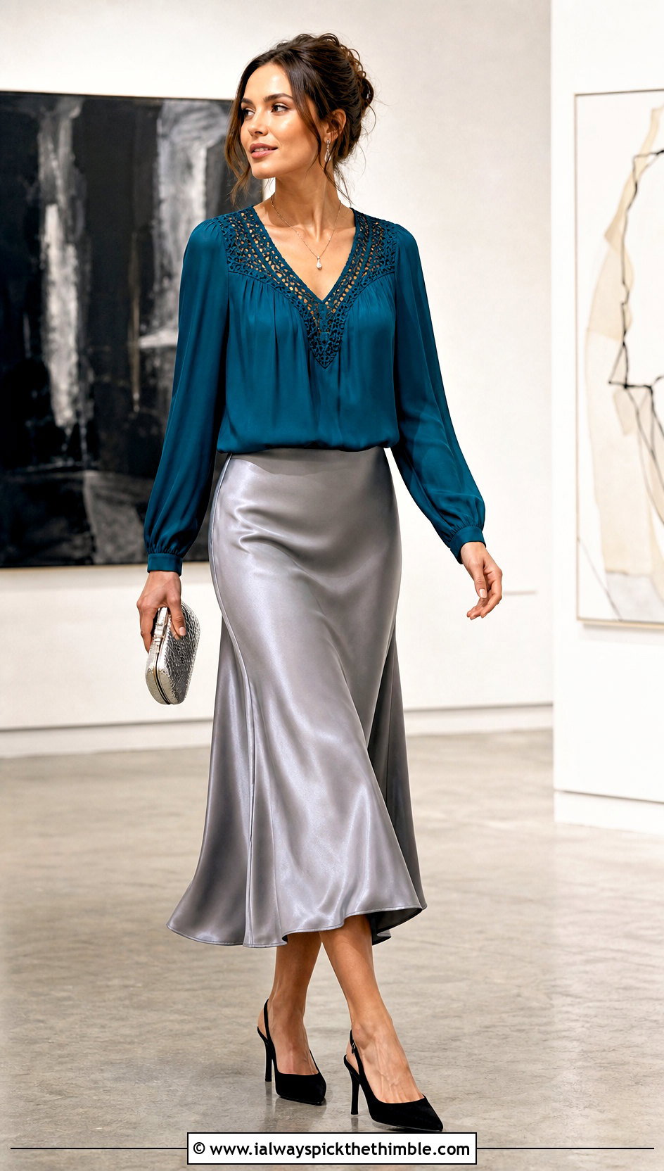 V Neck Crochet Yoke Shirt With Satin Midi Skirt - 15 Crochet Yoke Shirt outfit ideas