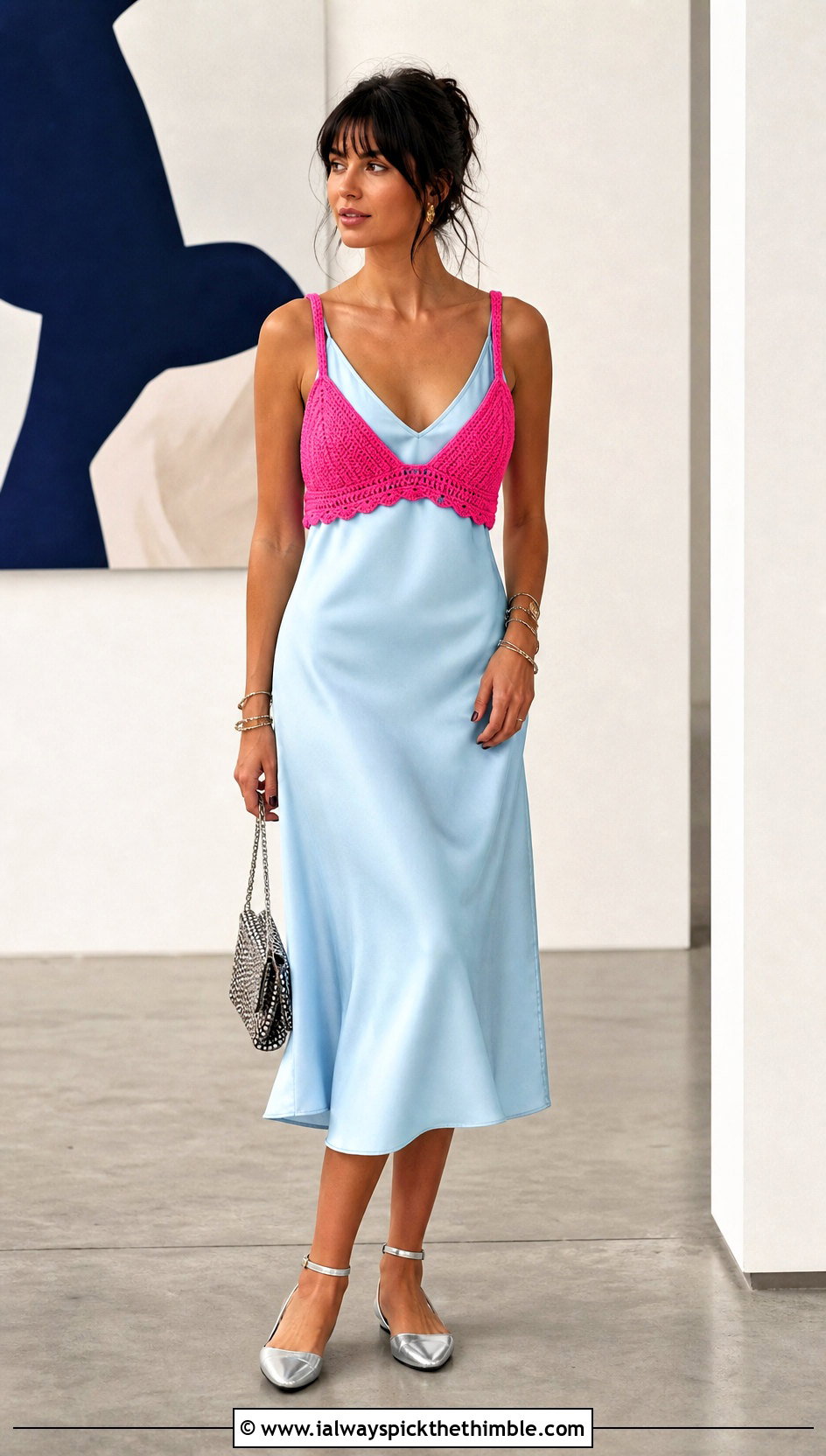V Neck Crocheted Bralette Over A Slip Dress - 20 crocheted bralette outfit ideas