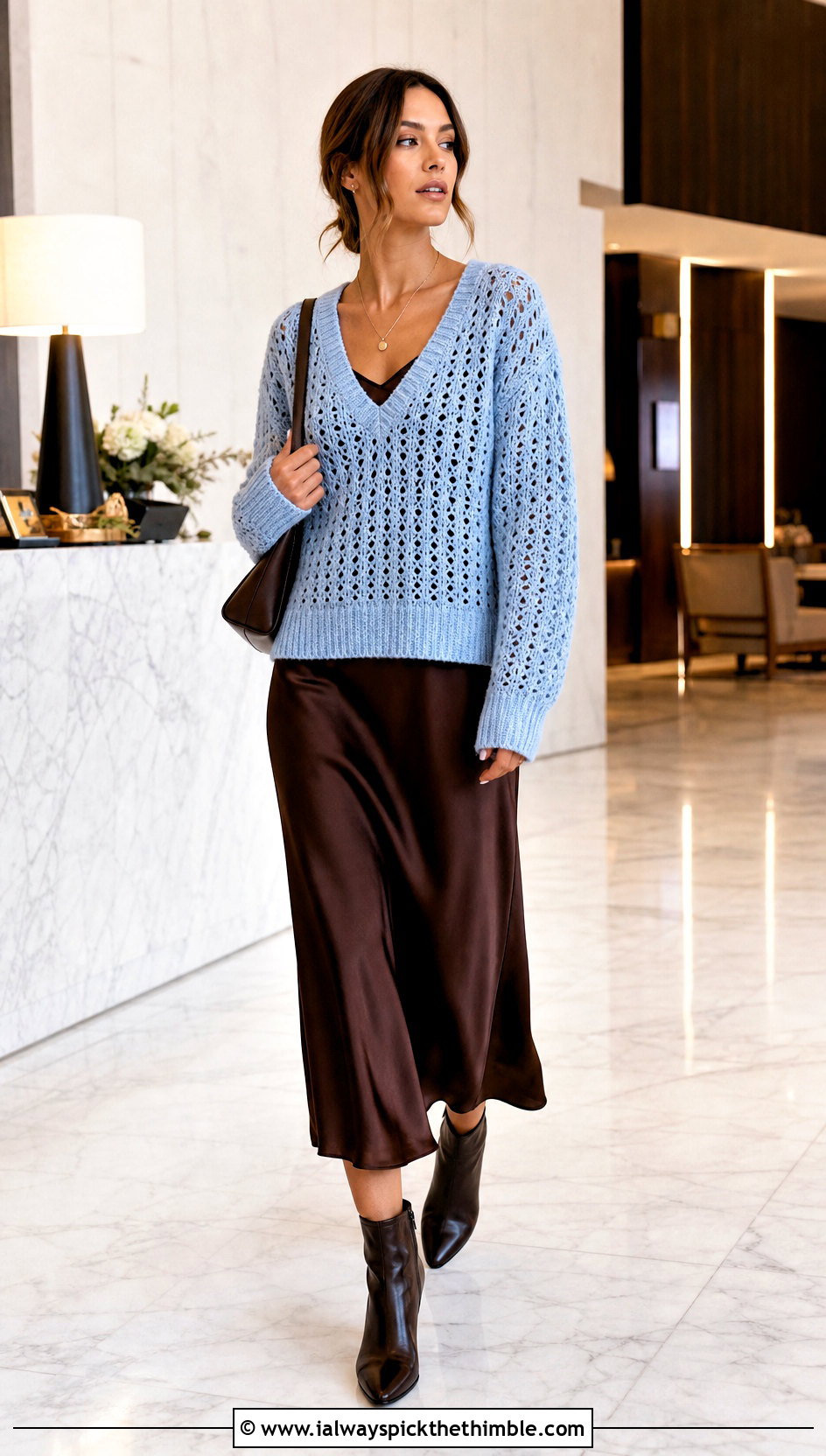 V Neck Crocheted Sweater With Slip Dress - 25 crocheted sweaters outfit ideas