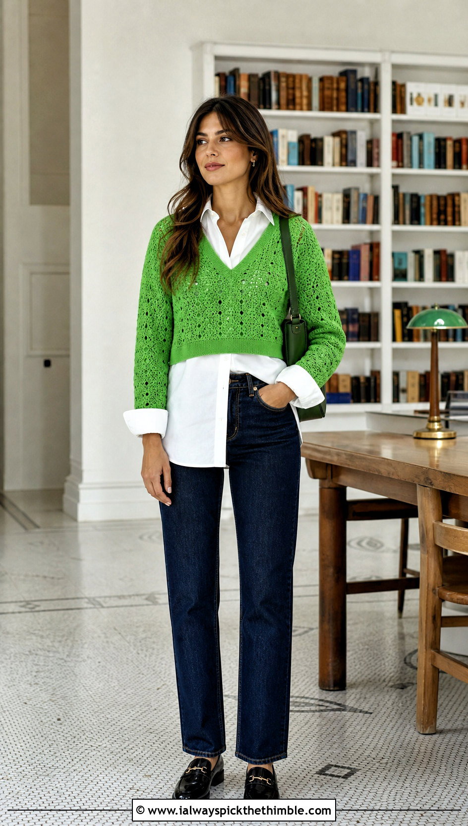 V Neck Cropped Crochet Sweater With White Button Down Shirt - 25 crochet cropped sweater outfit ideas