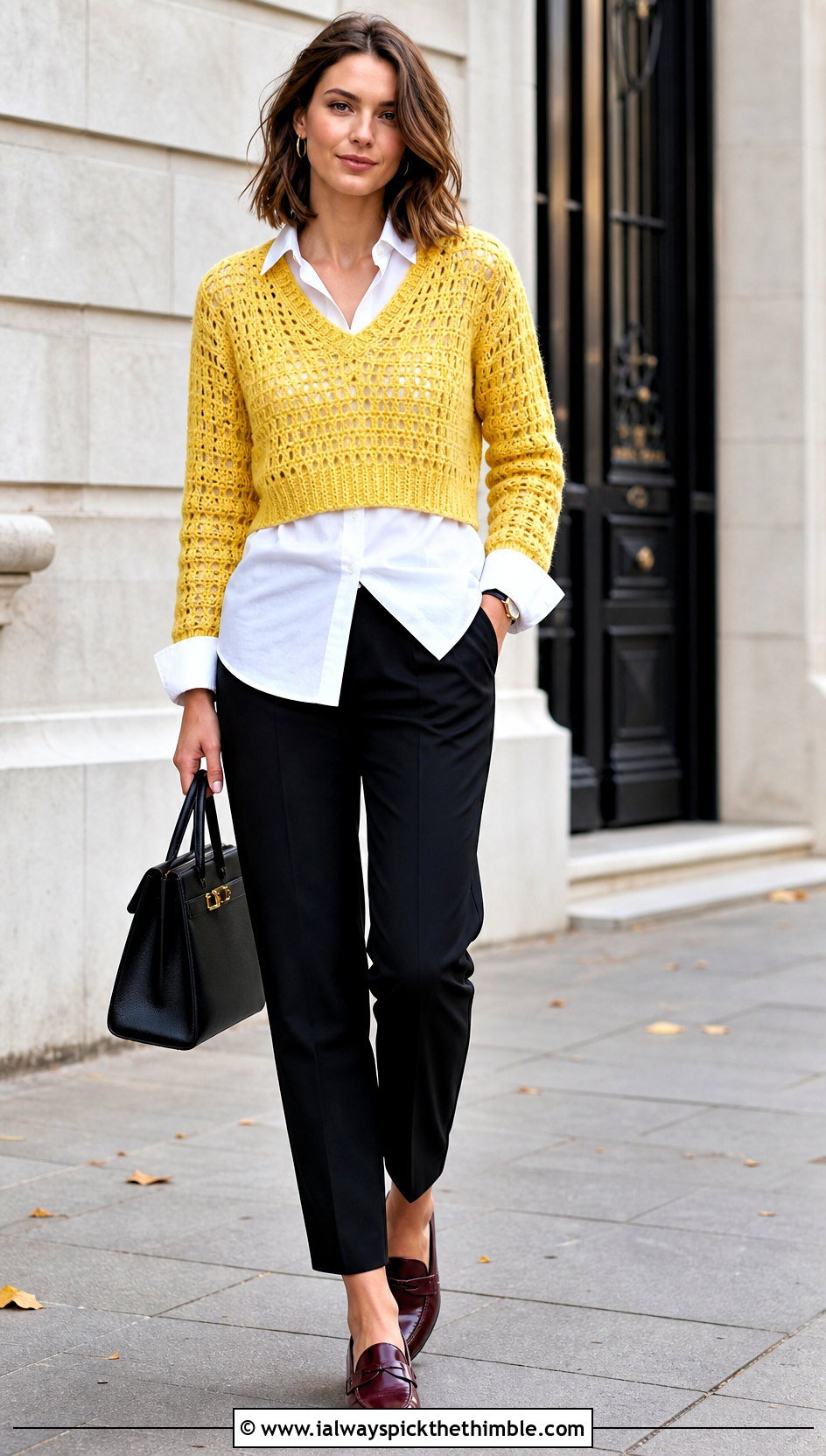 V Neck Cropped Crochet Sweater With White Button Down Shirt - 25 crop crochet sweater outfit ideas