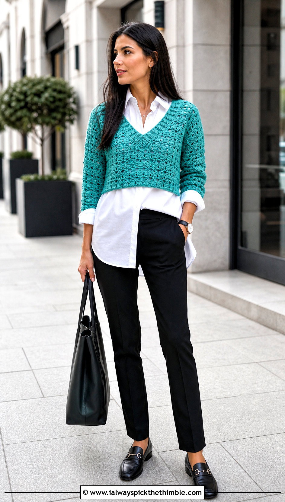 V Neck Cropped Crochet Sweater With a Button Down Shirt - 20 crocheted cropped sweater outfit ideas