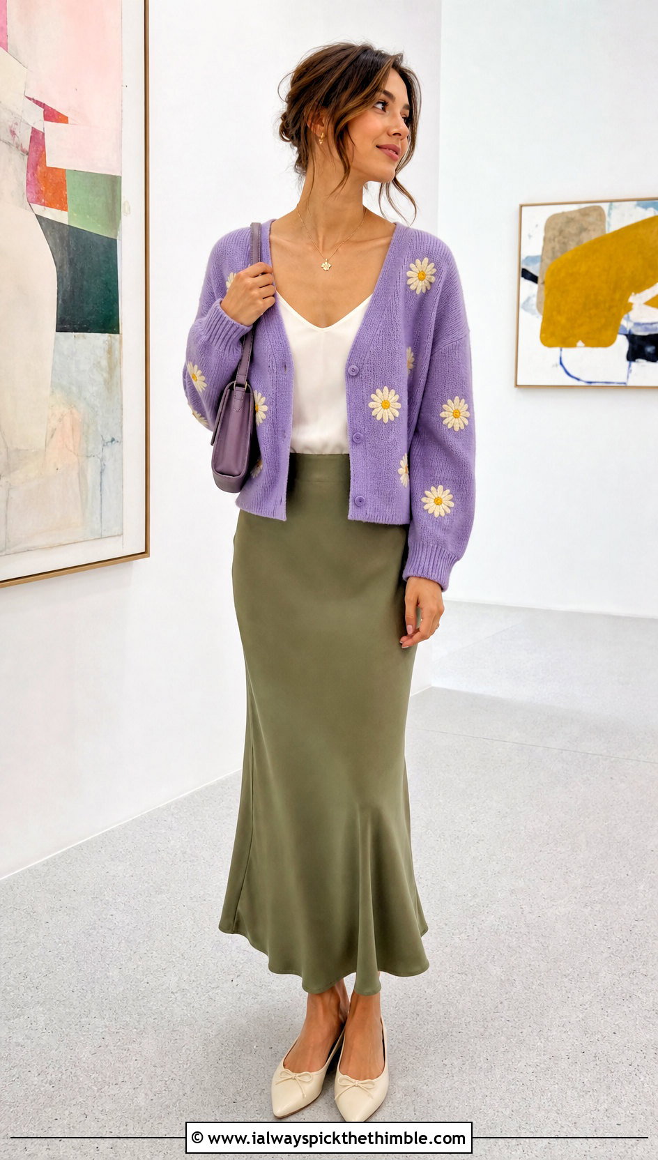 V Neck Daisy Cardigan With Slip Skirt - 25 Crochet Daisy Cardigan outfit ideas